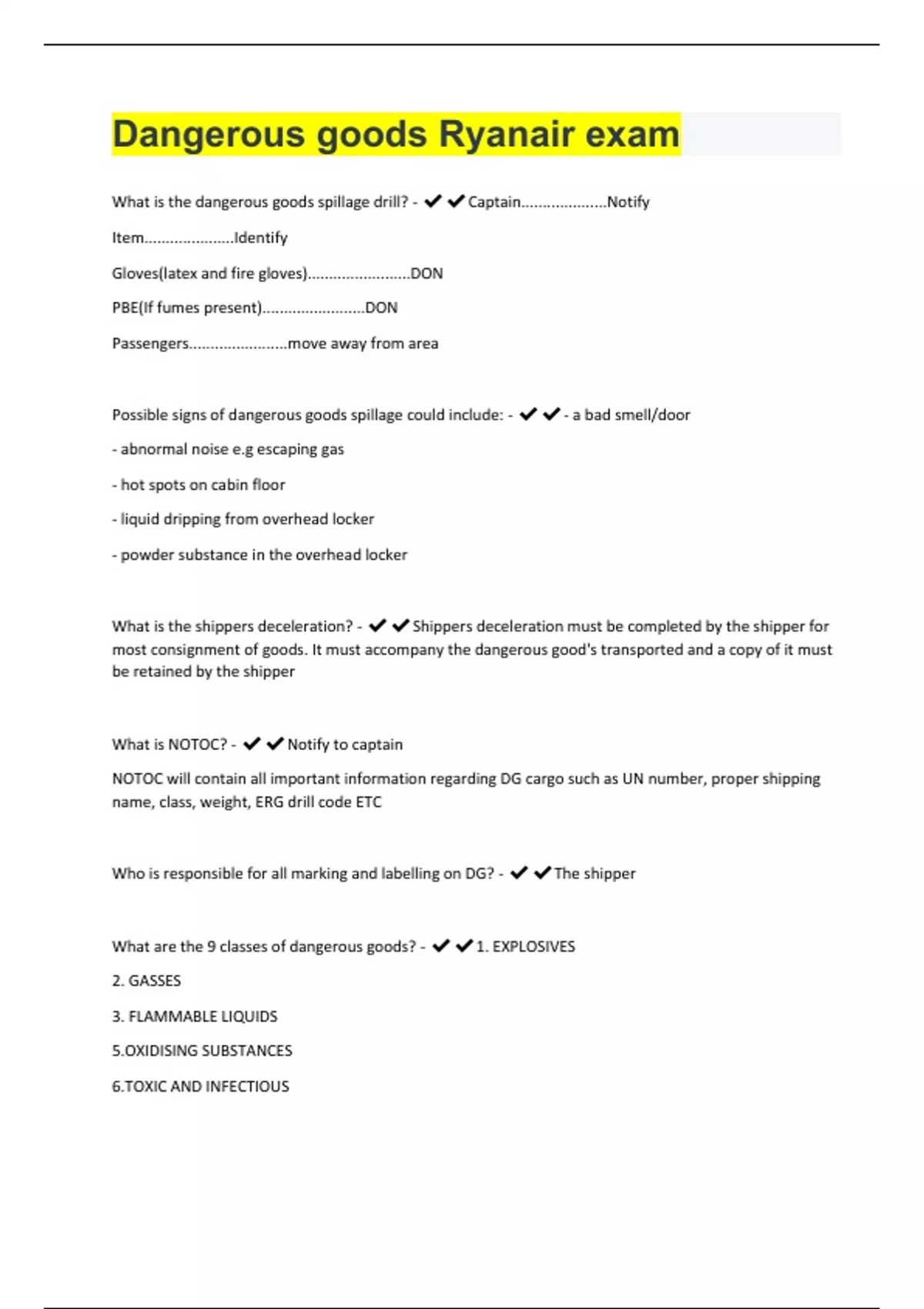 Dangerous goods Ryanair exam Questions And Answers Rated A+ New Update