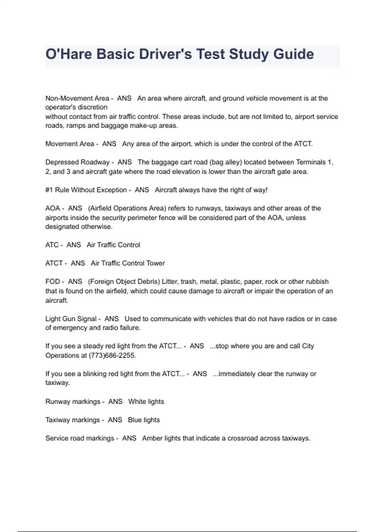 O'Hare Basic Driver's Test Study Guide Questions And Answers - SIDA ...