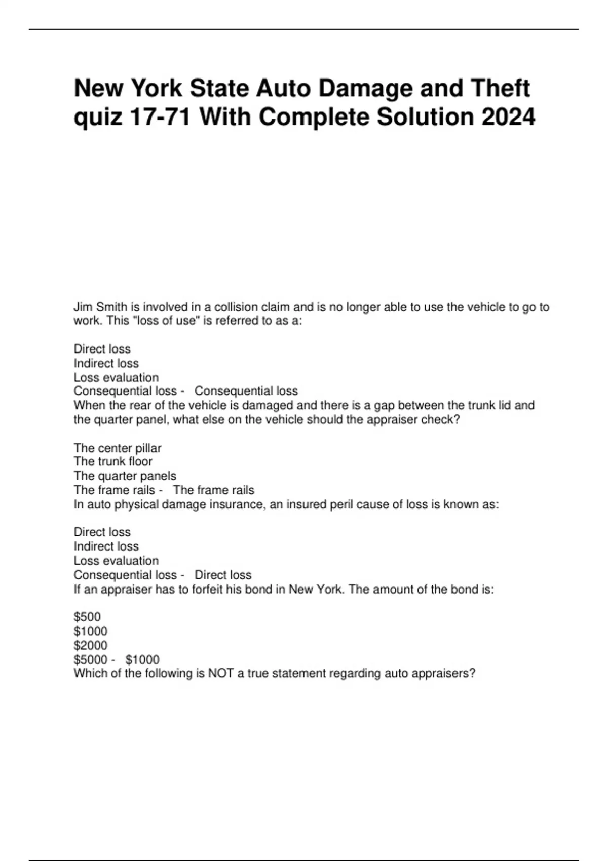 New York State Auto Damage and Theft quiz 1771 With Complete Solution