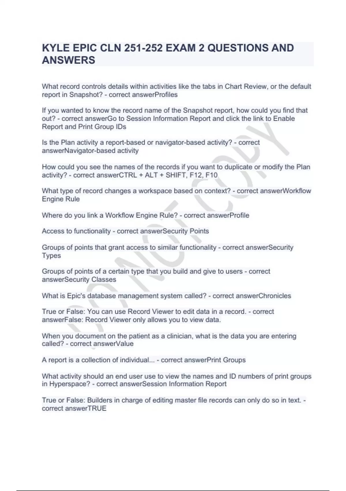 KYLE EPIC CLN 251-252 EXAM 2 QUESTIONS AND ANSWERS - Epic CLN 251/252 - Stuvia US