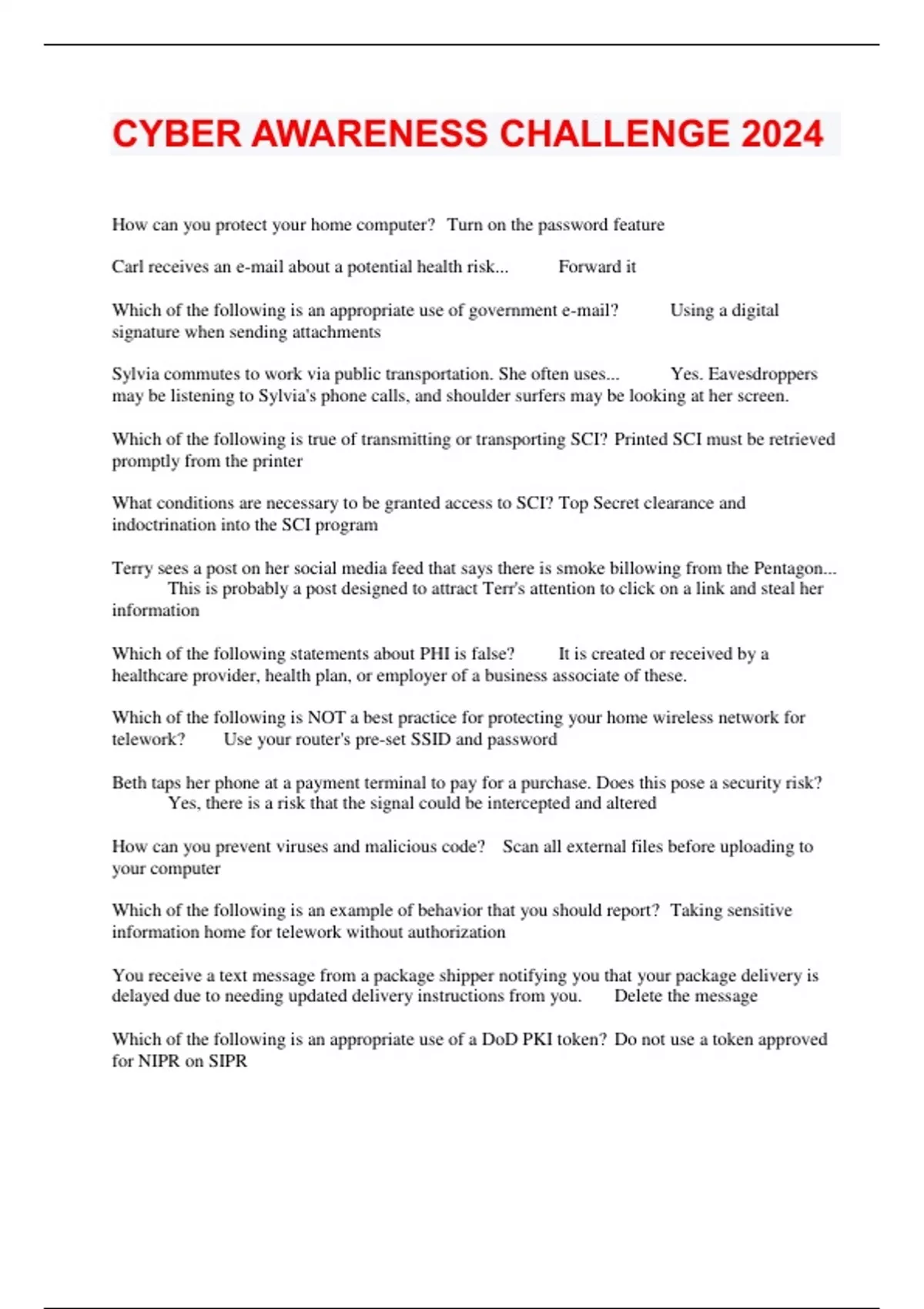 CYBER AWARENESS CHALLENGE 2024 CYBER AWARENESS CHALLENGE 2024 Stuvia US