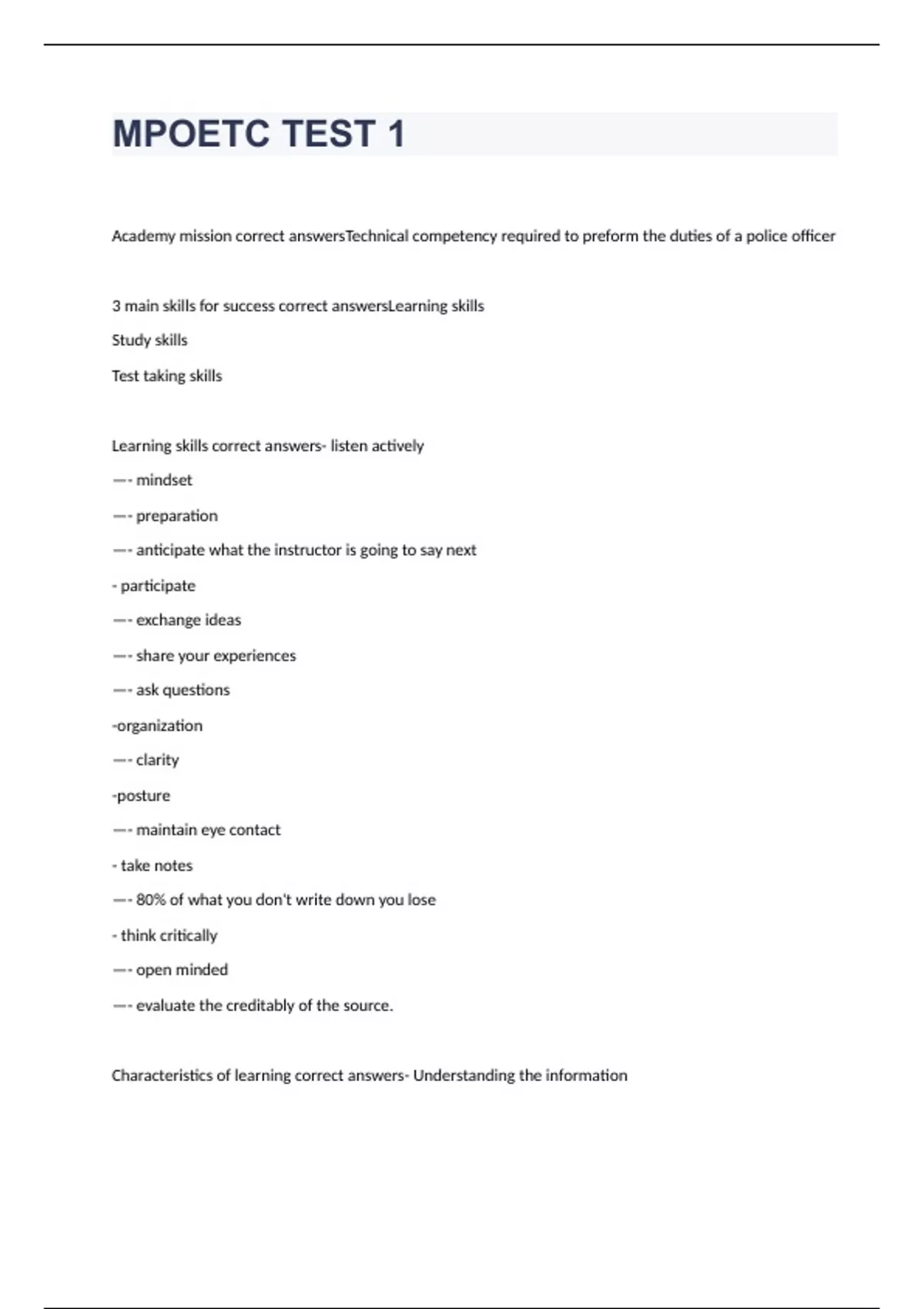 MPOETC TEST 1 EXAM 2024 WITH VERIFIED SOLUTIONS MPOETC T Stuvia US