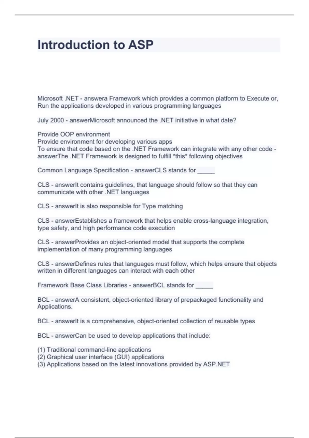 Introduction to ASP Questions and Answers 100% correct - ASP - Stuvia US