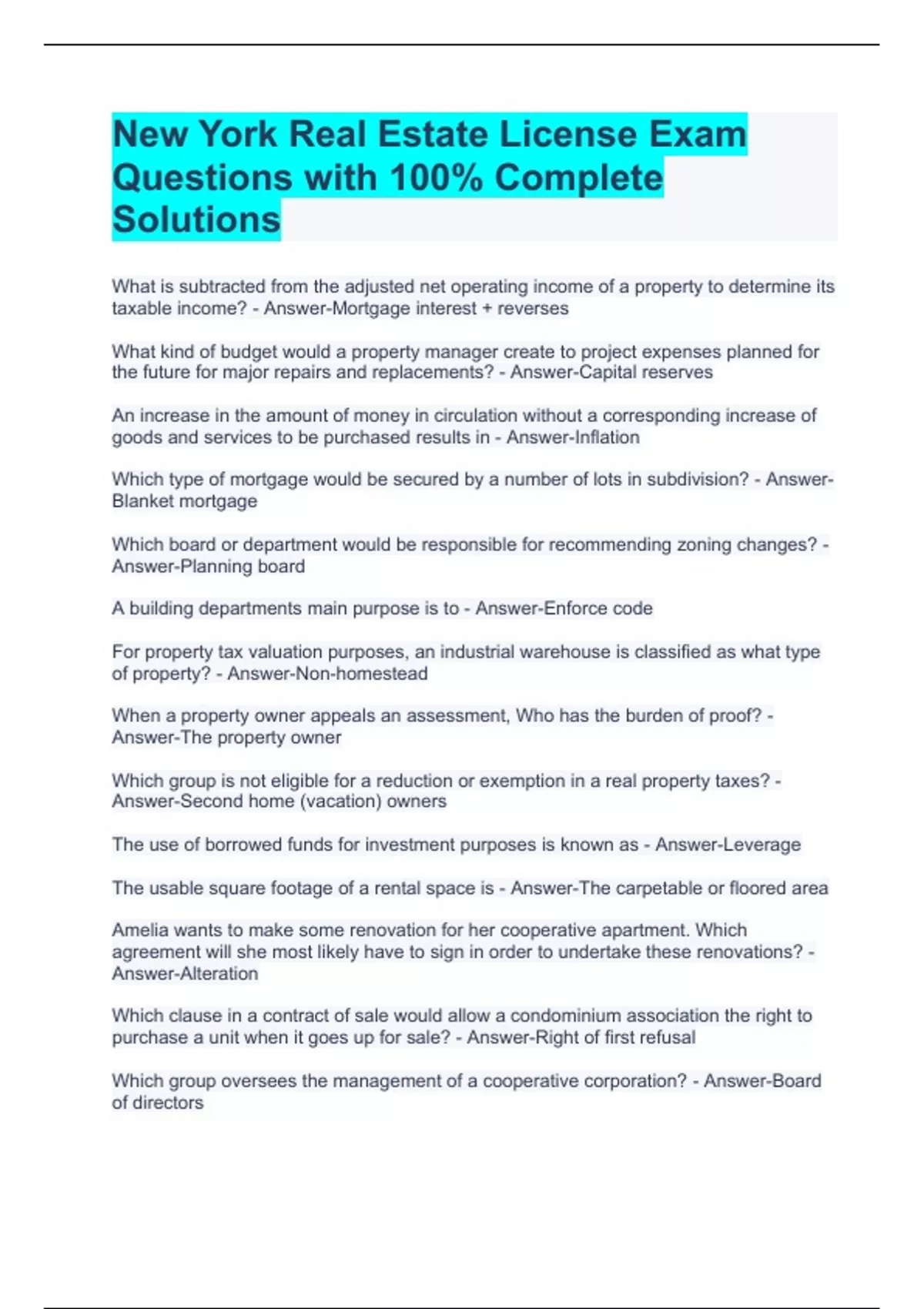 New York Real Estate License Exam Questions with 100 Complete Solutions New York Real Estate