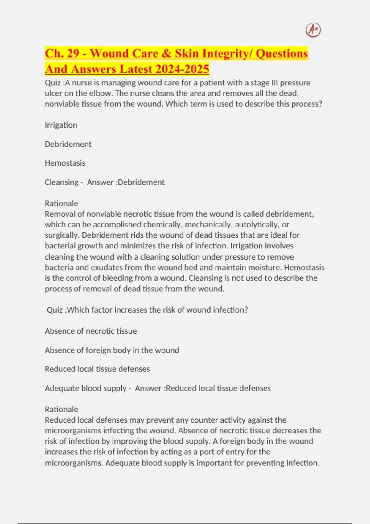 Ch. 29 Wound Care & Skin Integrity/ Questions And Answers Latest Ch