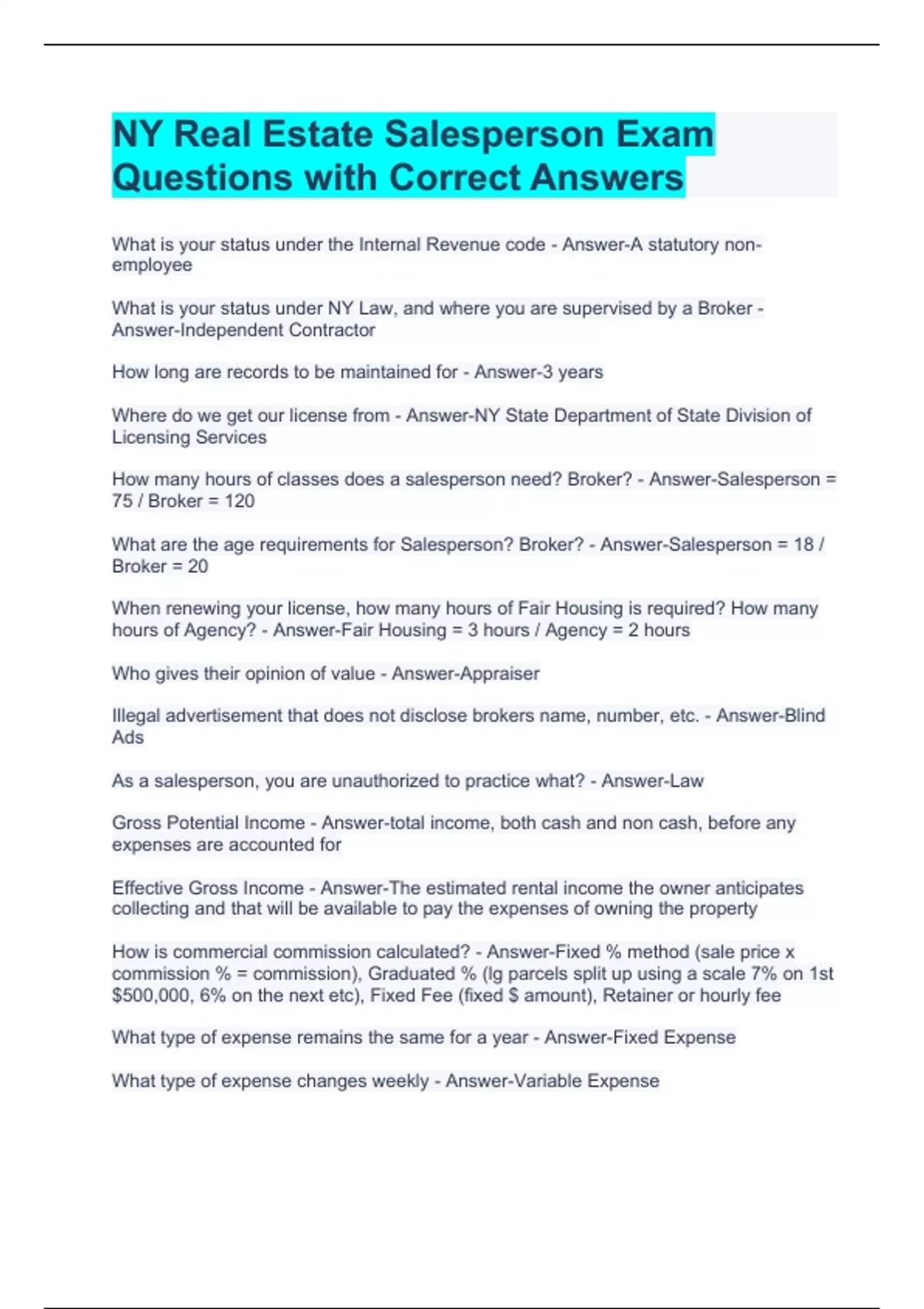 NY Real Estate Salesperson Exam Questions with Correct Answers NY