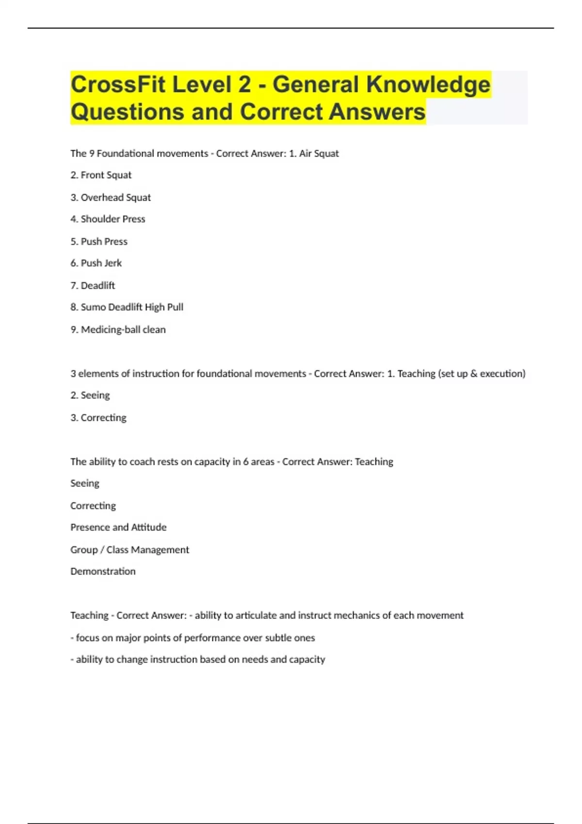 CrossFit Level 2 General Knowledge Questions and Correct Answers