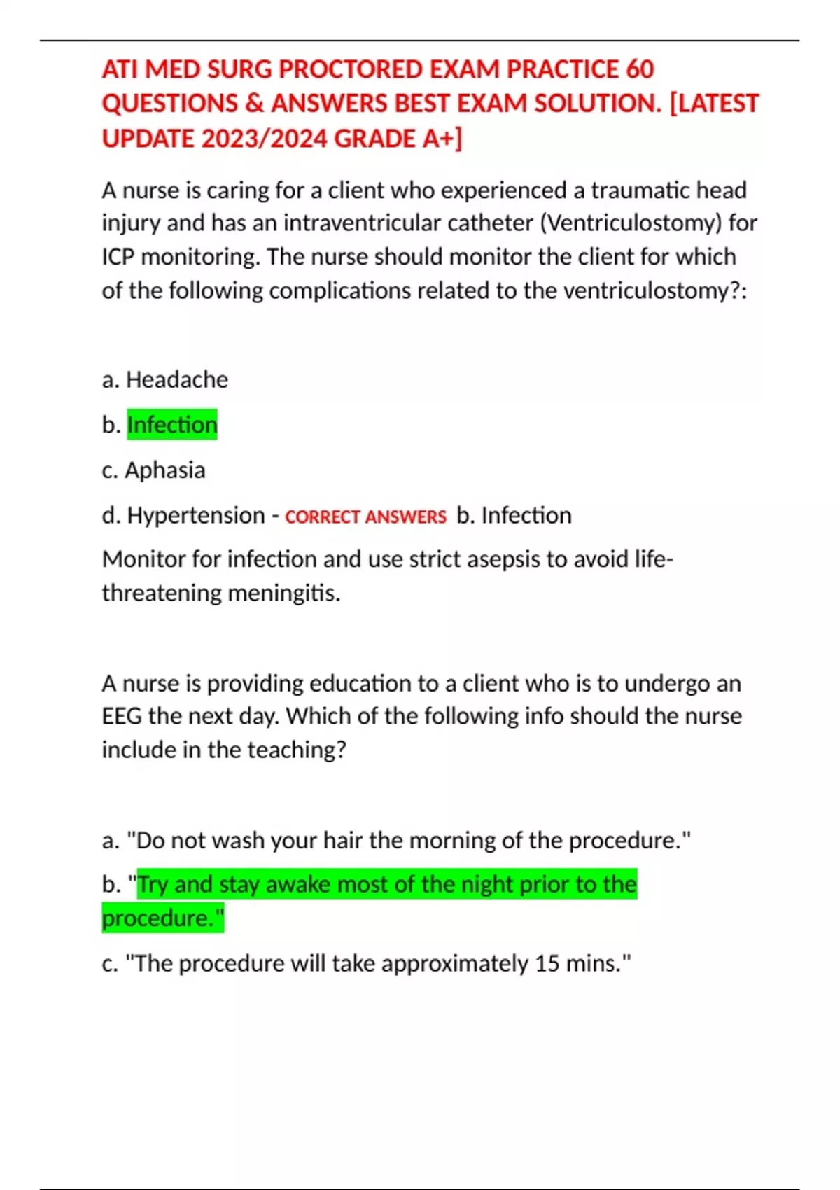 ATI MED SURG PROCTORED EXAM PRACTICE 60 QUESTIONS & ANSWERS BEST EXAM ...
