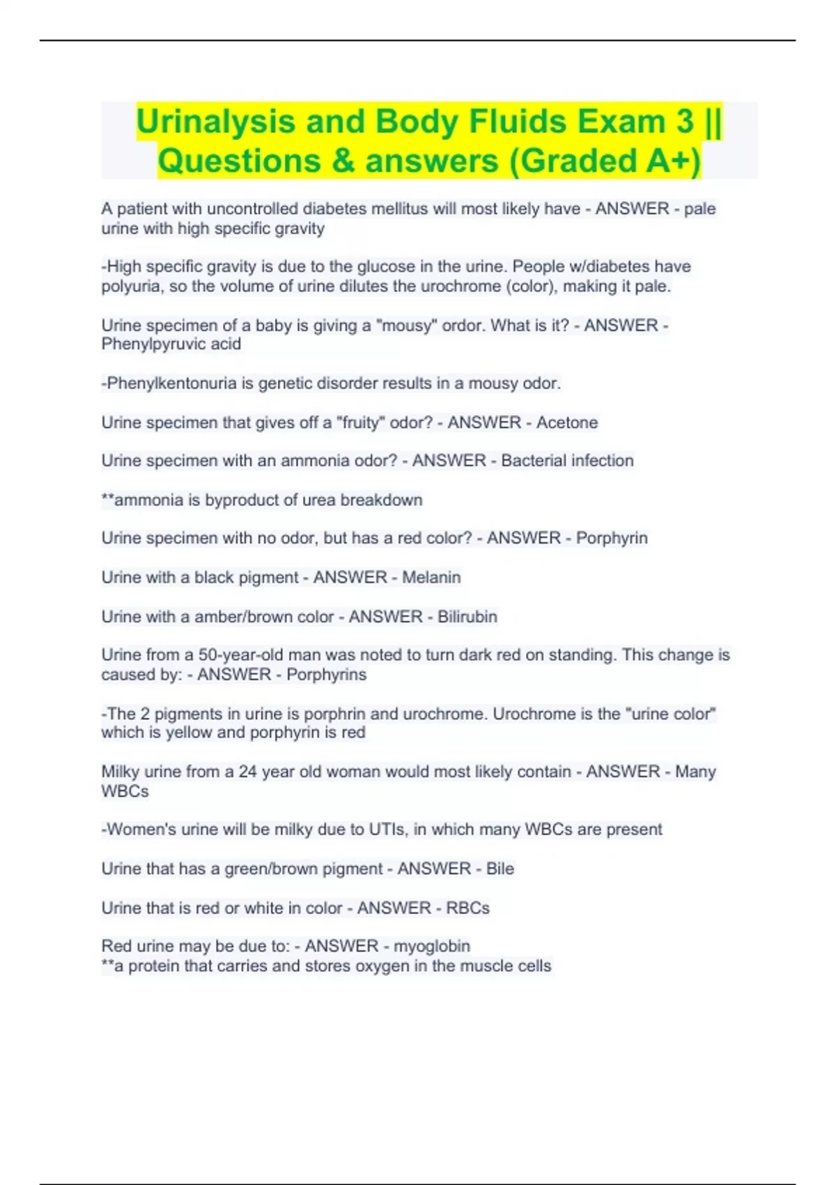 Urinalysis and Body Fluids Exam 3 Questions & answers (Graded A+