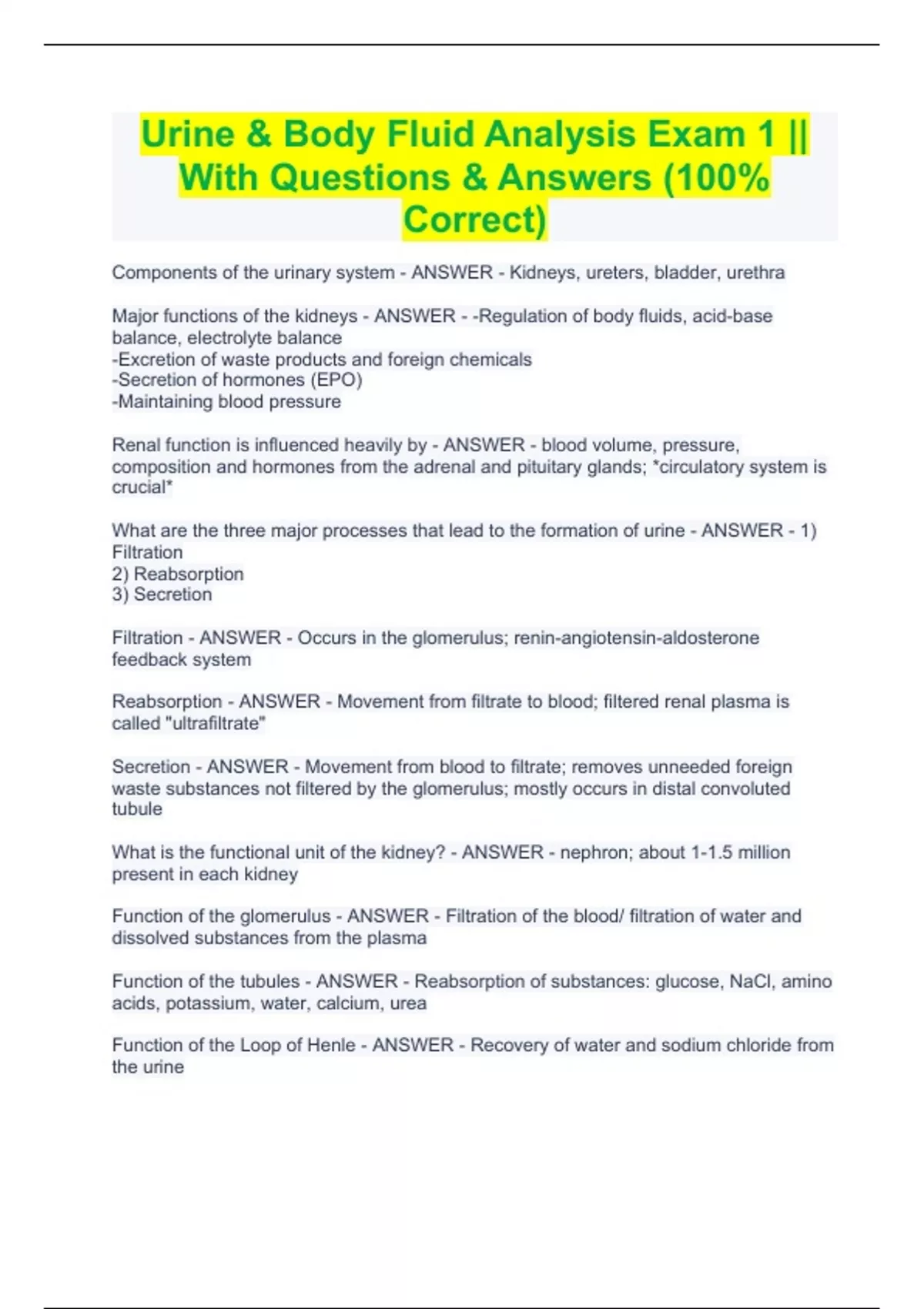 Urine & Body Fluid Analysis Exam 1 With Questions & Answers (100