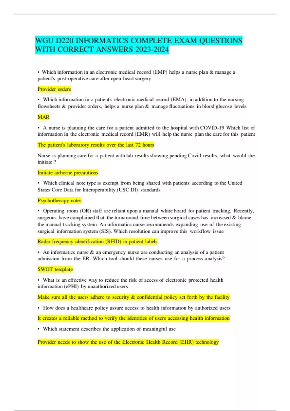 WGU D220 INFORMATICS COMPLETE EXAM QUESTIONS WITH CORRECT ANSWERS - WGU ...
