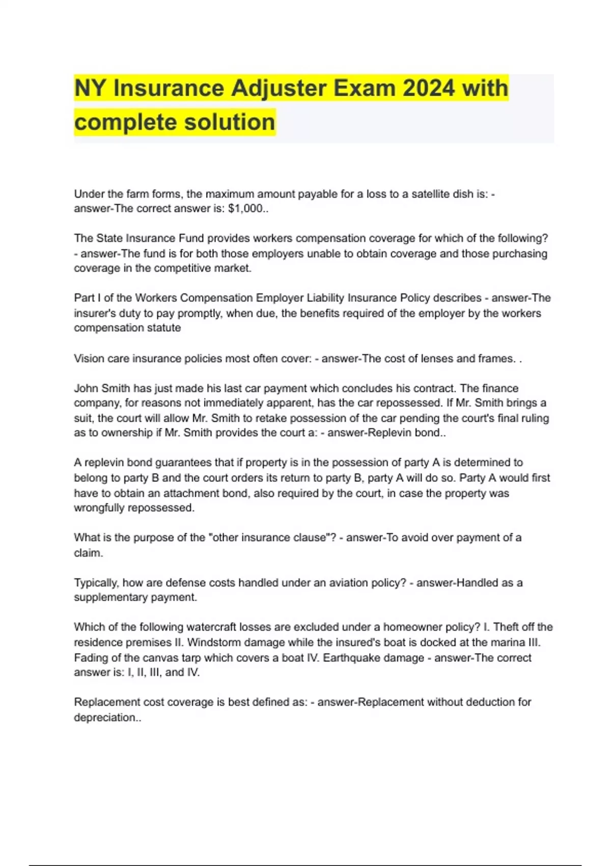 NY Insurance Adjuster Exam 2024 with complete solution NY Insurance