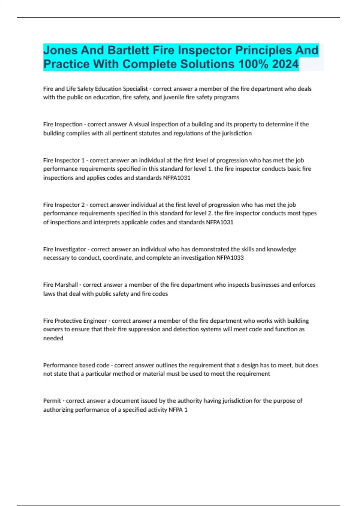 Jones And Bartlett Fire Inspector Principles And Practice With Complete