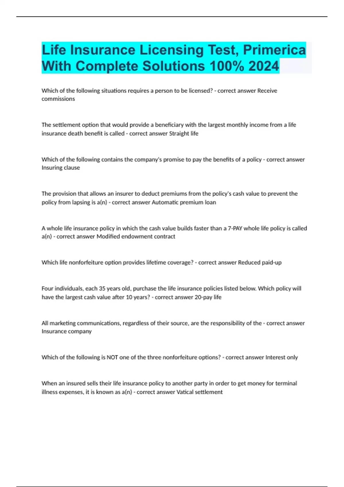 Life Insurance Licensing Test, Primerica With Complete Solutions 100