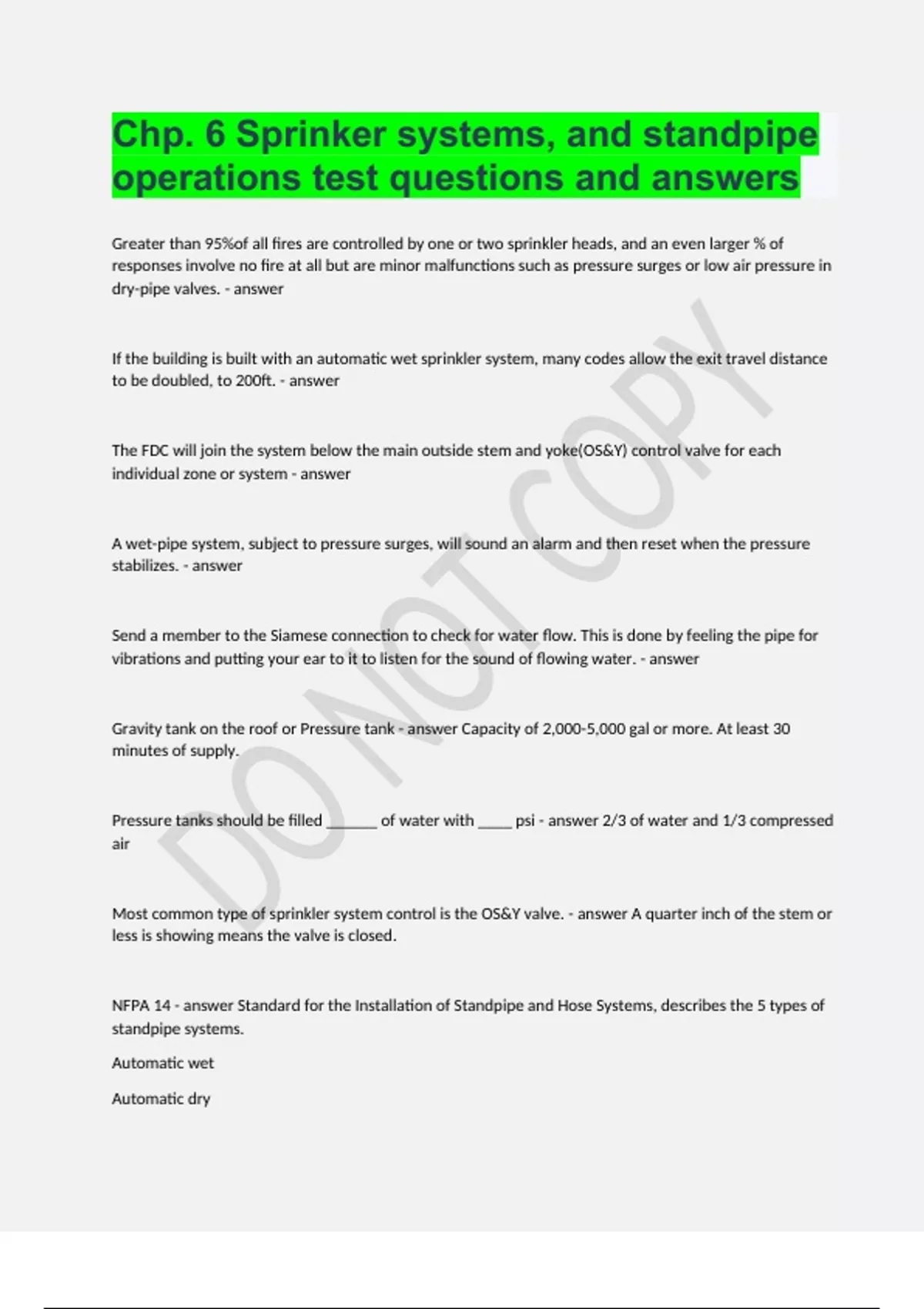 Chp. 6 Sprinker systems, and standpipe operations test questions and