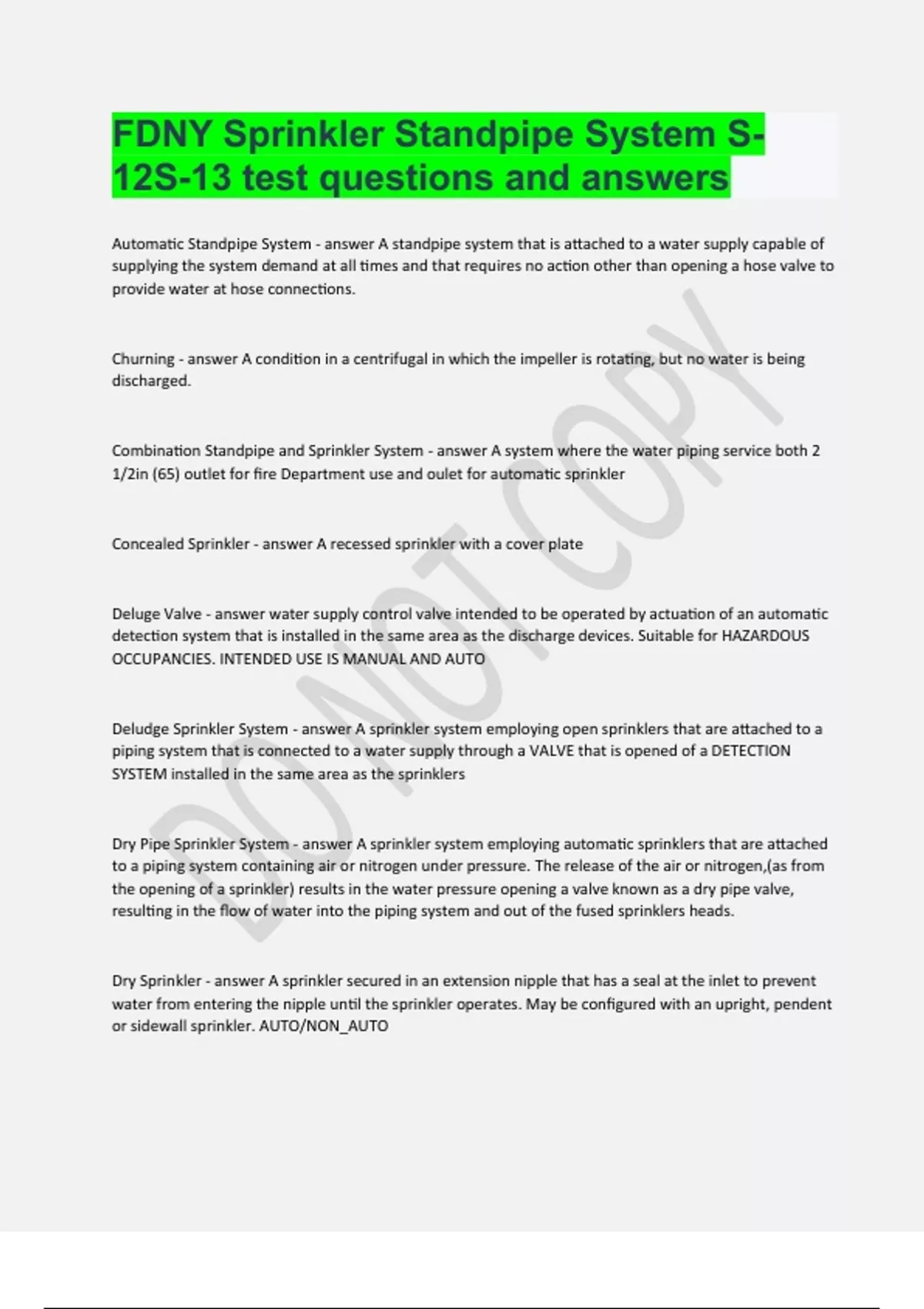 FDNY Sprinkler Standpipe System S12S13 test questions and answers