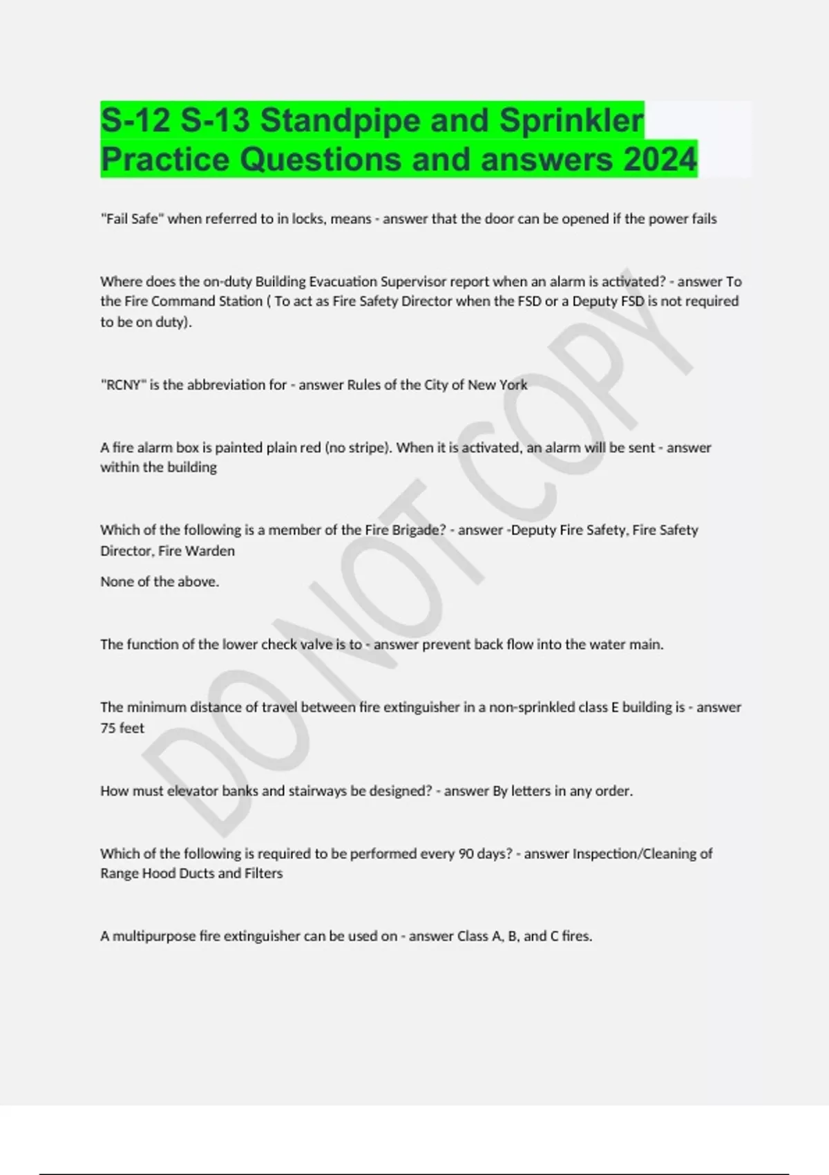 S12 S13 Standpipe and Sprinkler Practice Questions and answers 2024