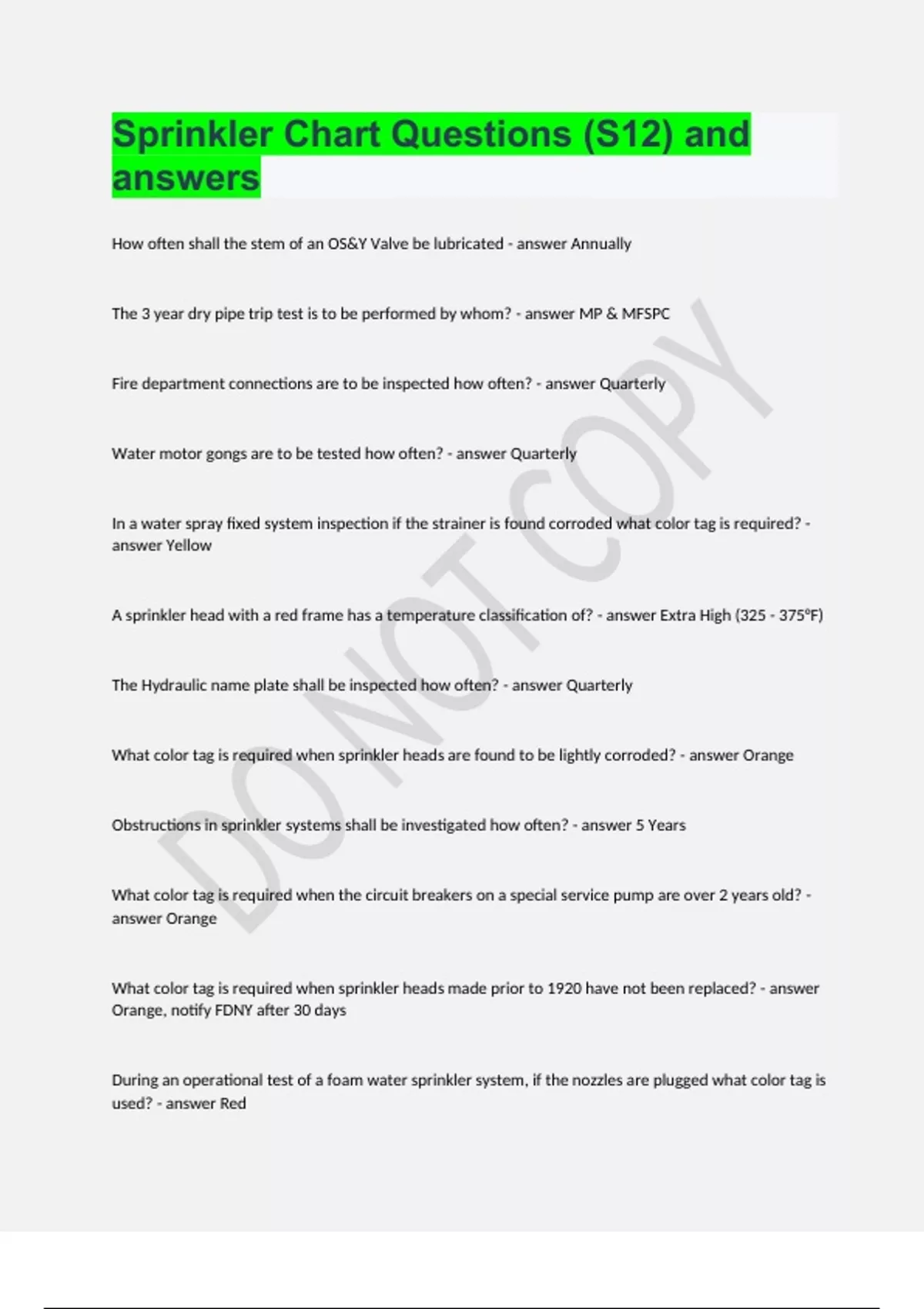 Sprinkler Chart Questions (S12) and answers Sprinkler Systems and