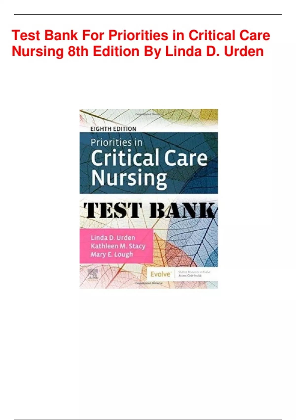 Test Bank For Introduction To Critical Care Nursing 8th Edition Mary Lou  Sole Deborah Klein Marthe Moseley, PDF, Nursing