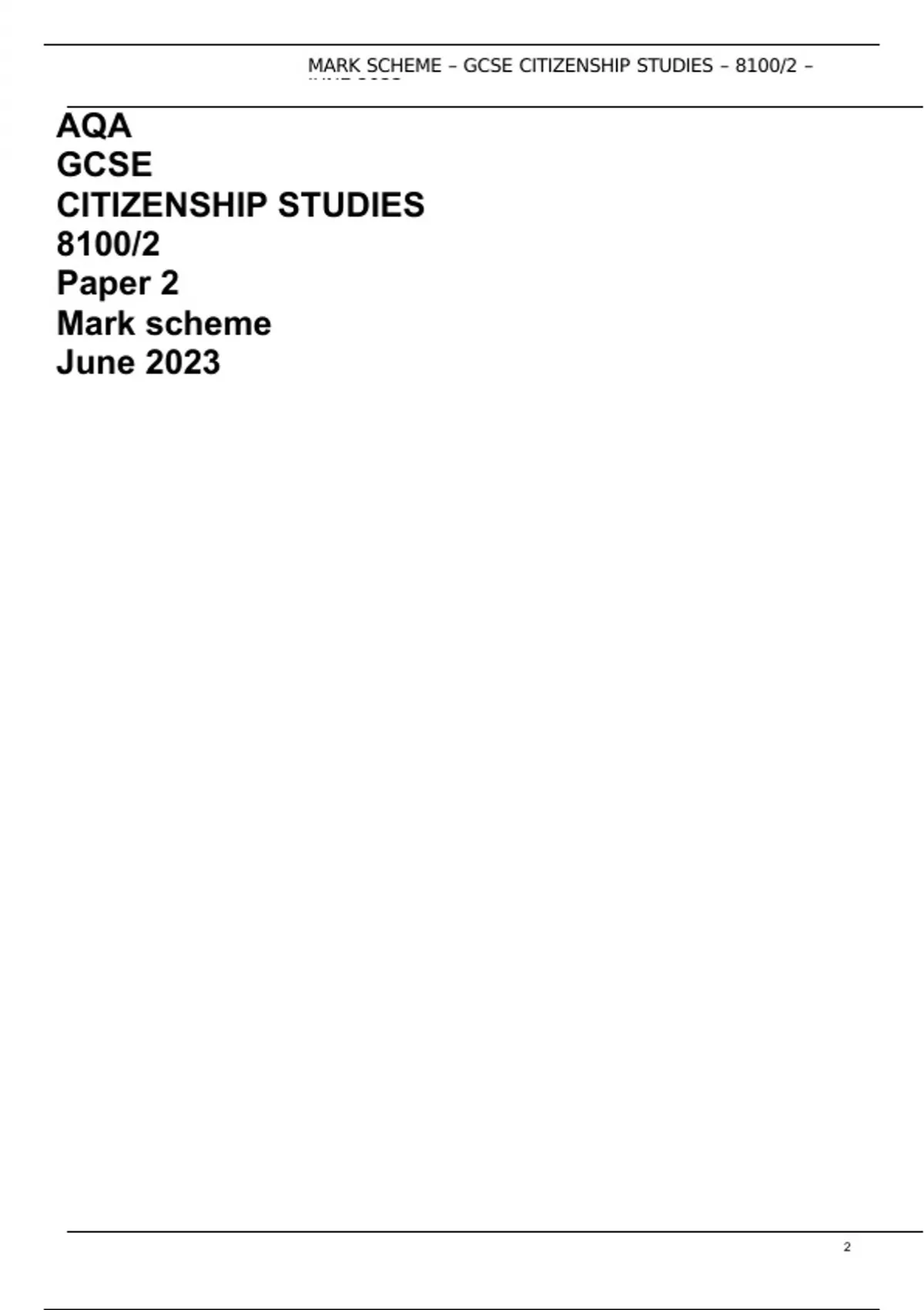 AQA GCSE CITIZENSHIP STUDIES 8100/2 Paper 2 Mark scheme June 2023 - AQA ...