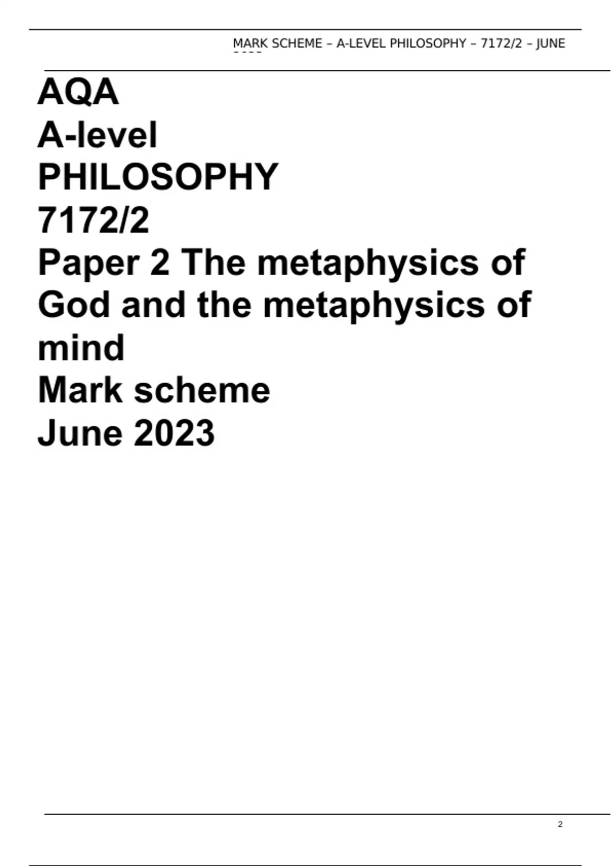 AQA A-level PHILOSOPHY 7172/2 Paper 2 The metaphysics of God and the ...