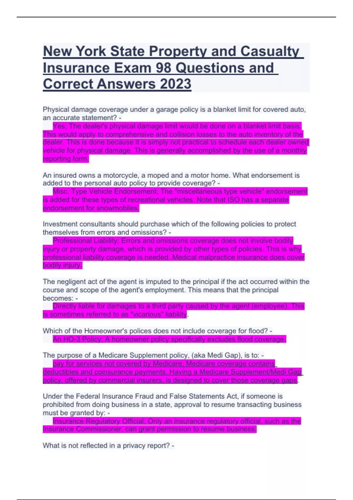 New York State Property and Casualty Insurance Exam 98 Questions and