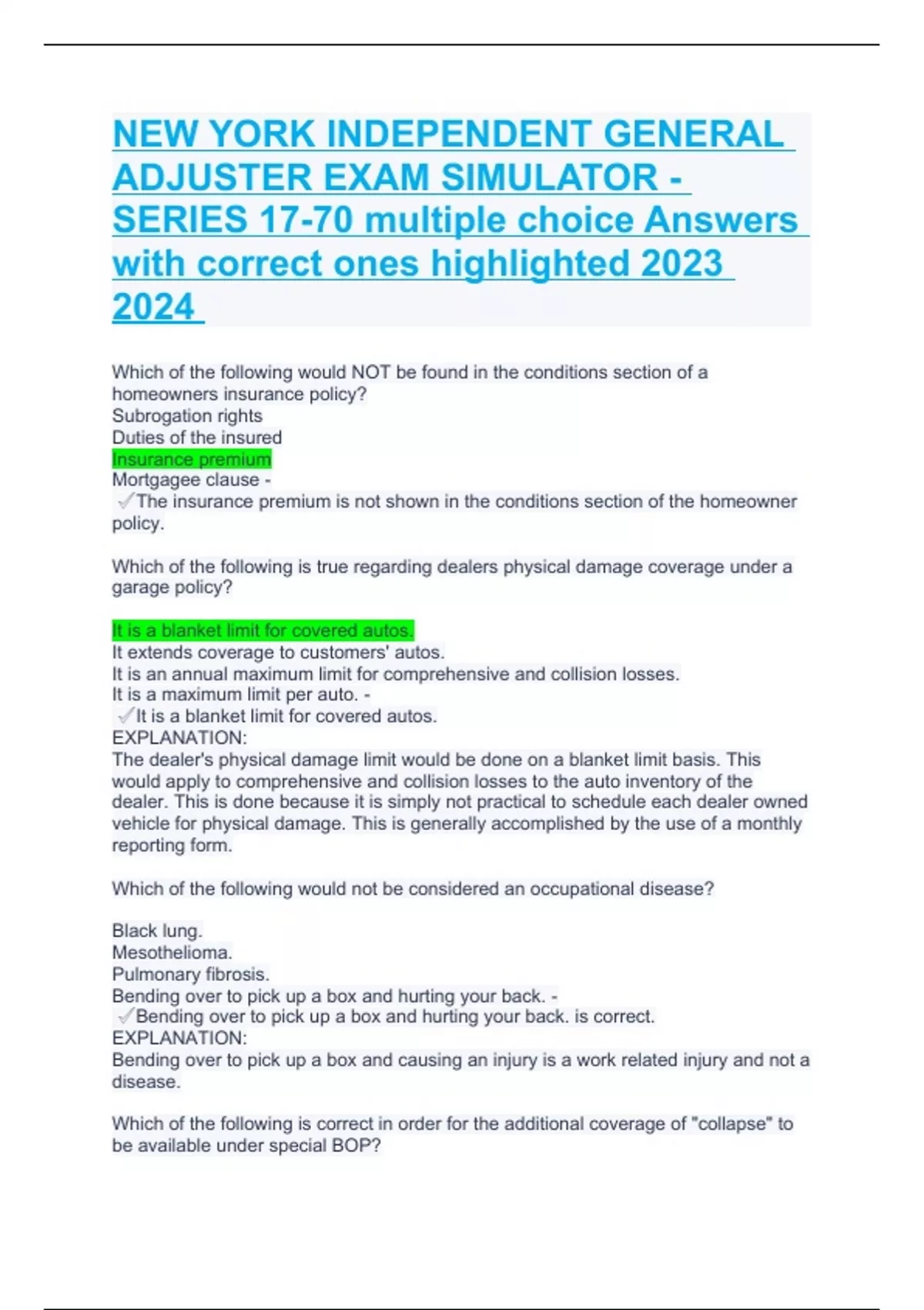 NEW YORK INDEPENDENT GENERAL ADJUSTER EXAM SIMULATOR - SERIES 17-70 multiple choice Answers with ...