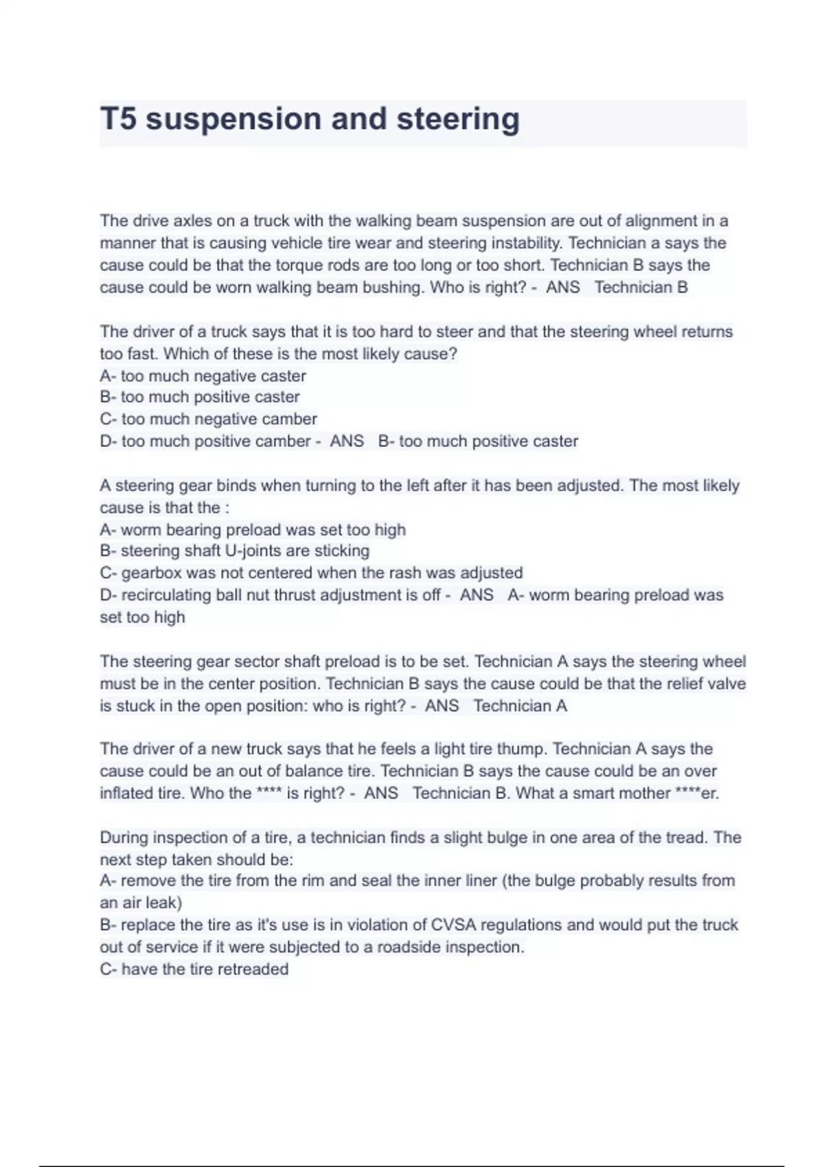 T5 suspension and steering Exam Questions And Answers ASE Stuvia US