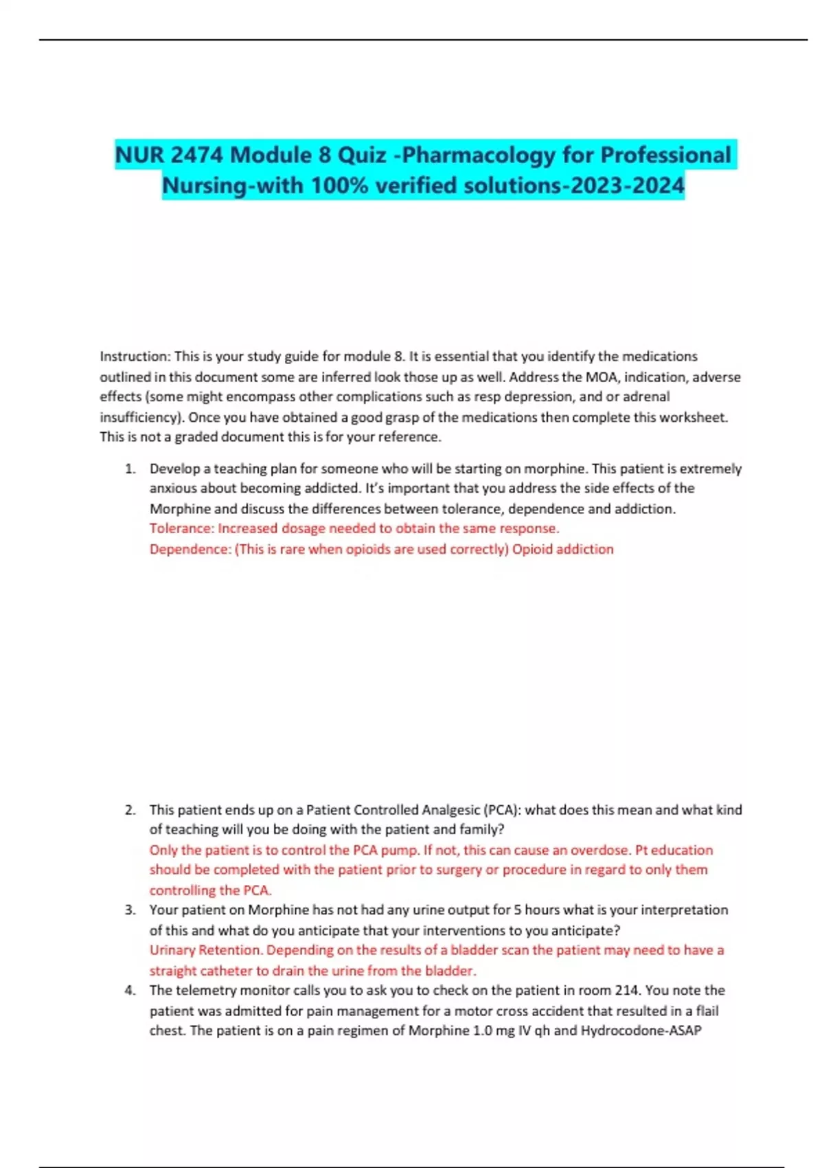 NUR 2474 Module 8 Quiz -Pharmacology for Professional Nursing-with 100% ...