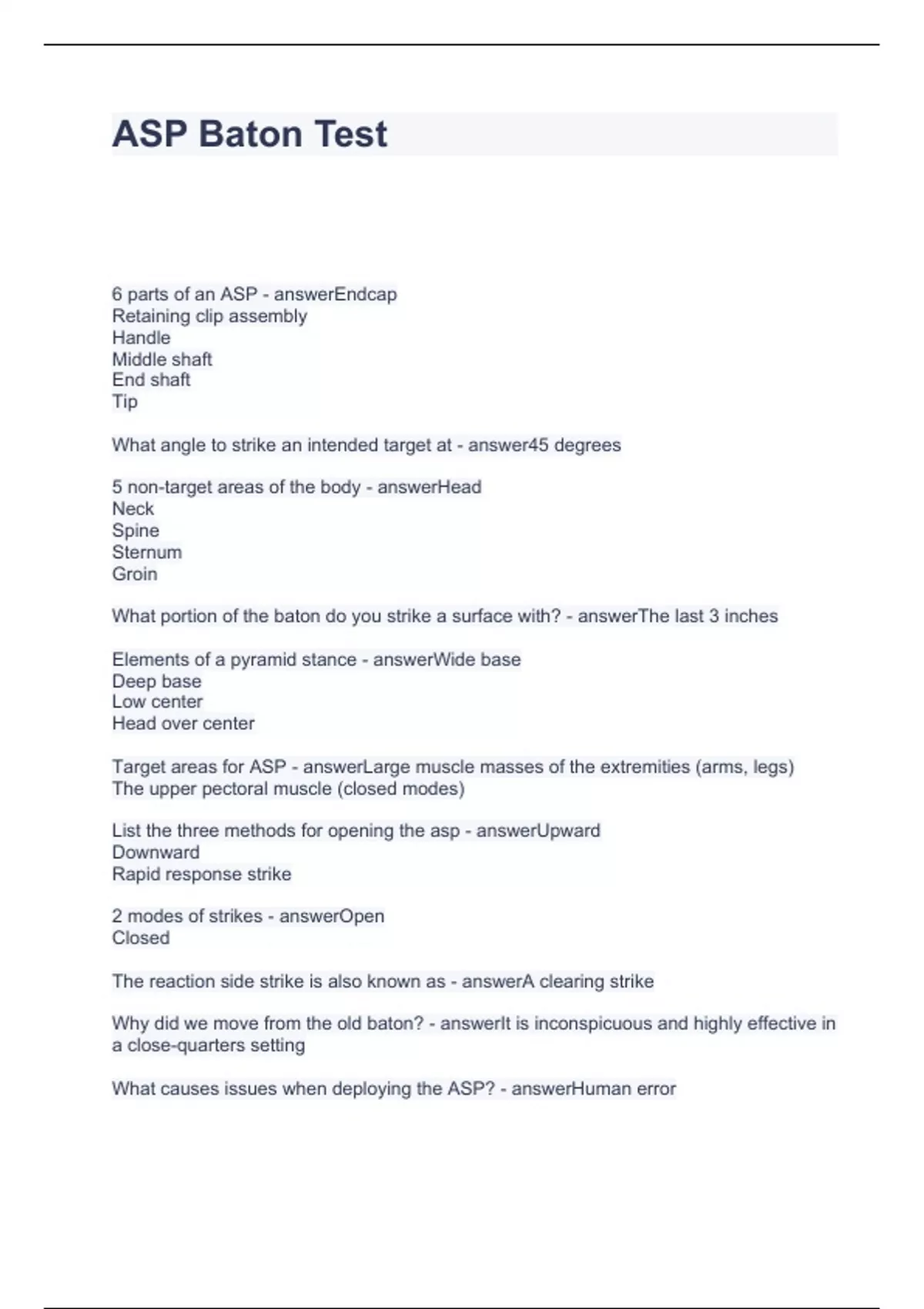 ASP Baton Test Questions and Answers 100 Correct 2024 ASP Stuvia US