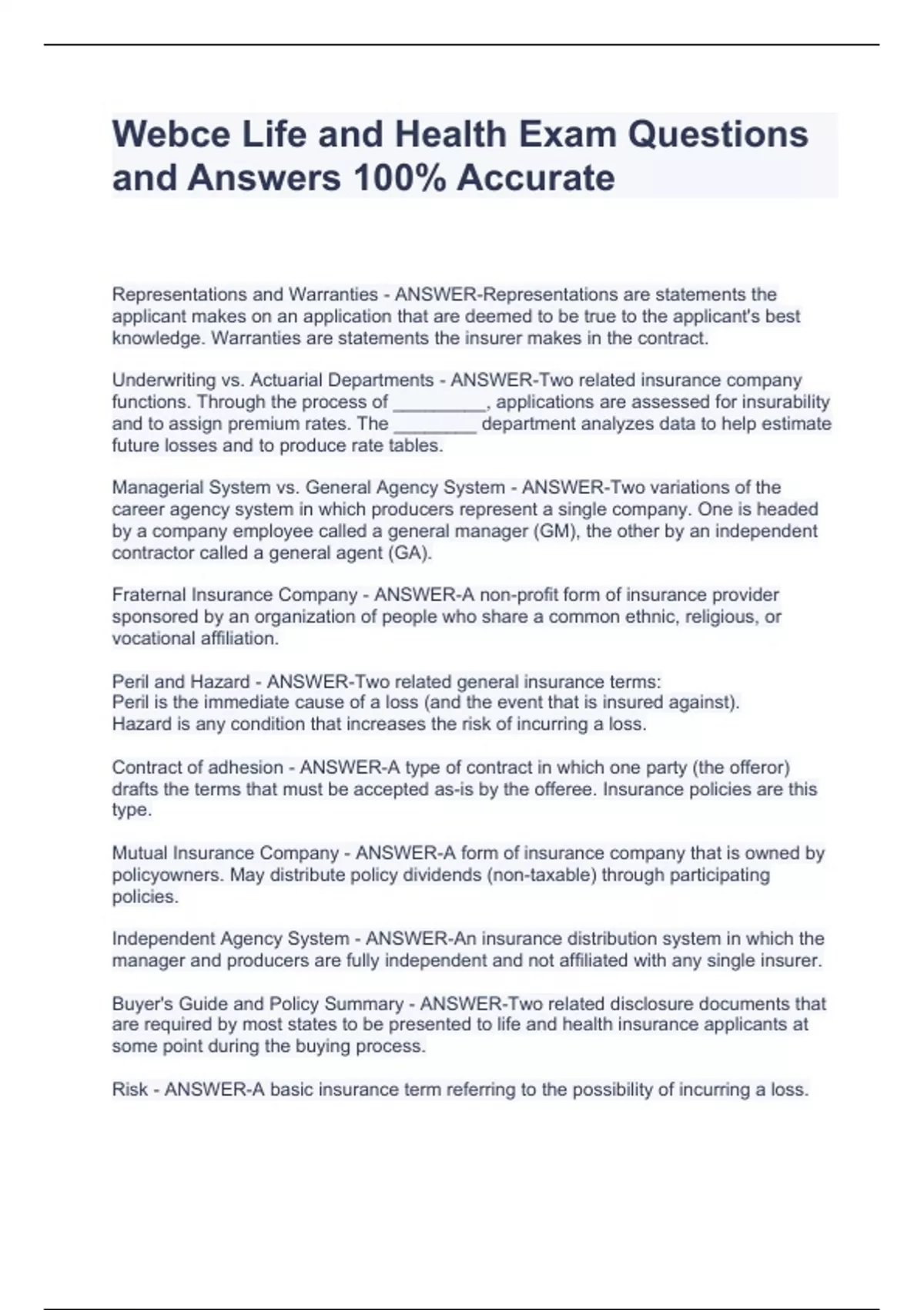 ce Life and Health Exam Questions and Answers 100 Accurate ce