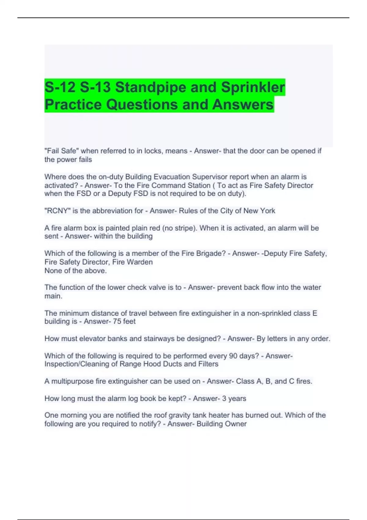 S12 S13 Standpipe and Sprinkler Practice Questions and Answers