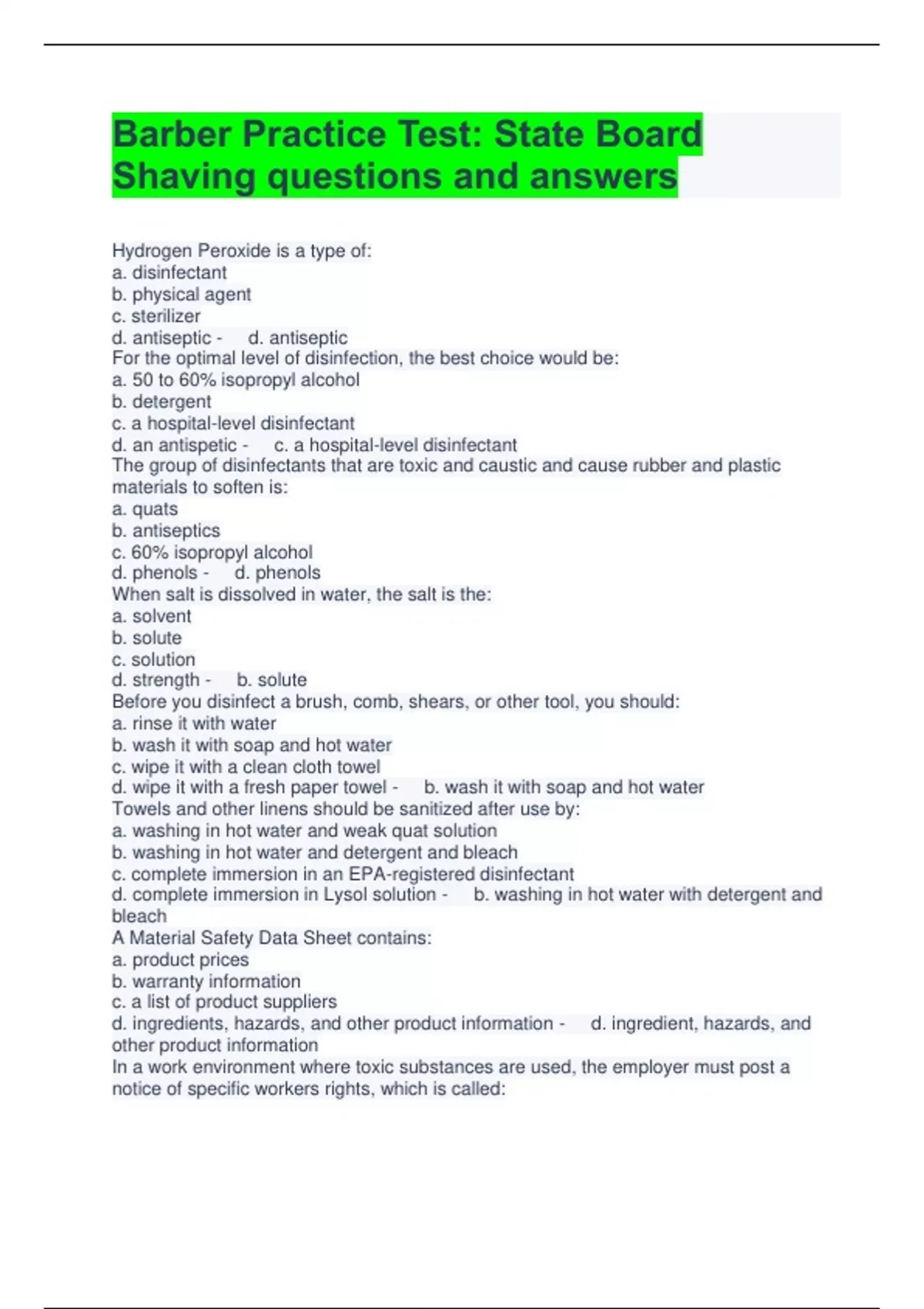 Barber Practice Test State Board Shaving questions and answers