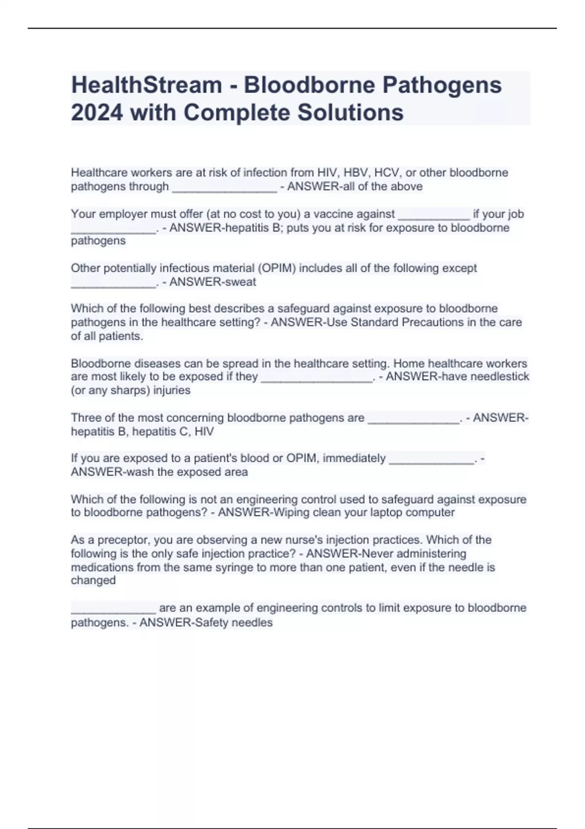 HealthStream Bloodborne Pathogens 2024 with Complete Solutions