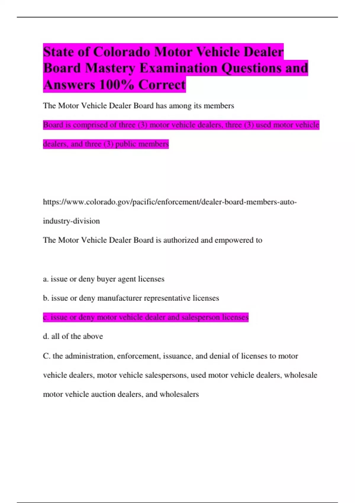 State of Colorado Motor Vehicle Dealer Board Mastery Examination