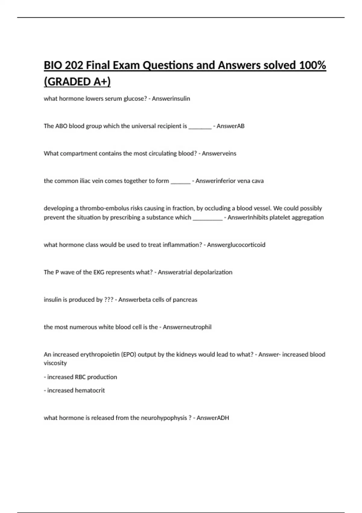 BIO 202 Final Exam Questions and Answers solved 100%(GRADED A+) - BIO ...