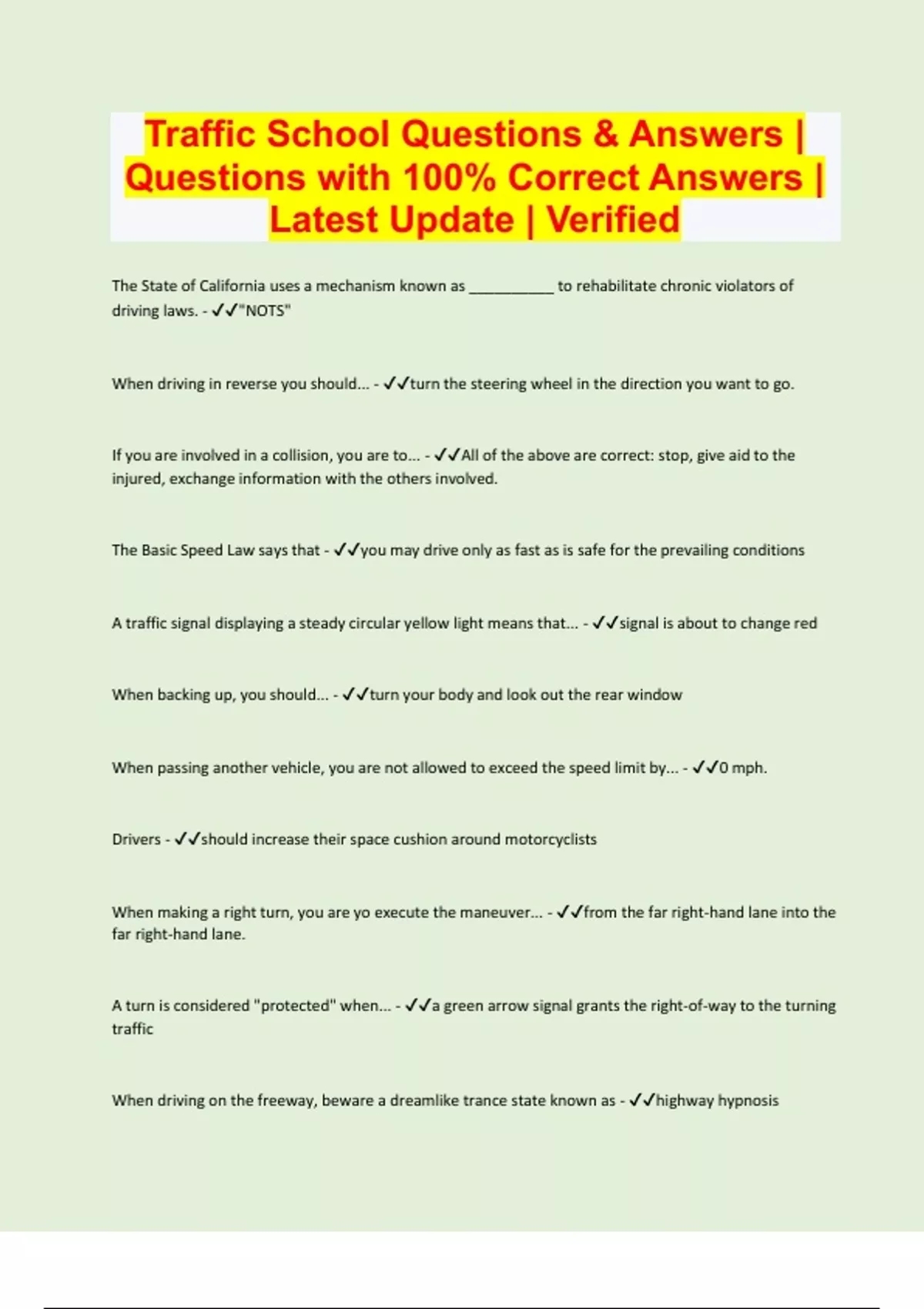 Traffic School Questions & Answers Questions with 100 Correct