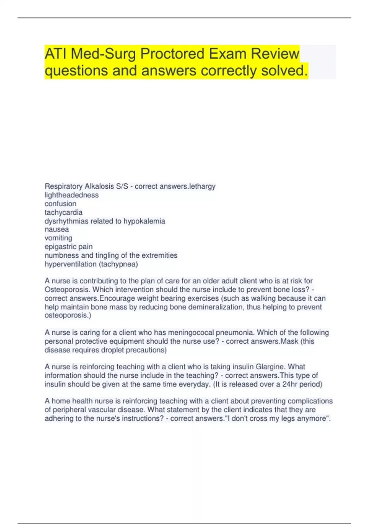 ATI MedSurg Proctored Exam Review questions and answers correctly