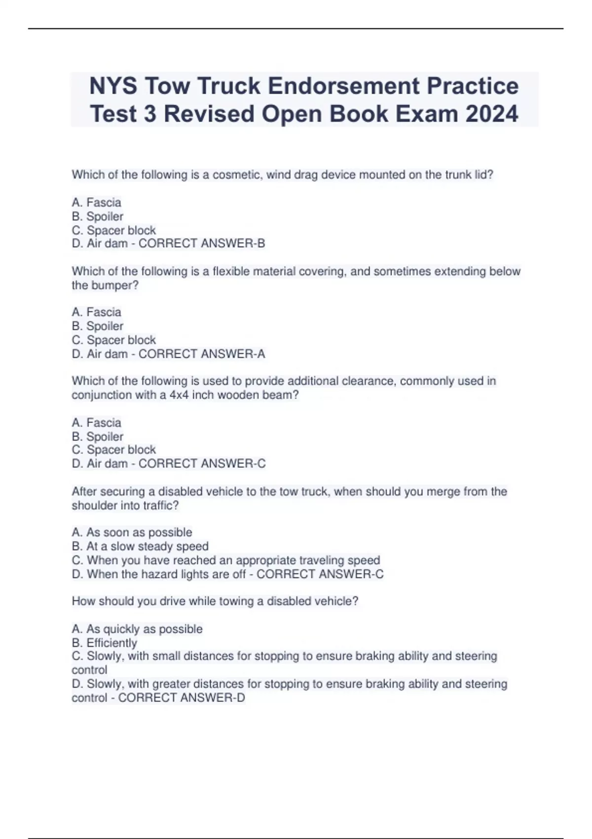 NYS Tow Truck Endorsement Practice Test 3 Revised Open Book Exam 2024