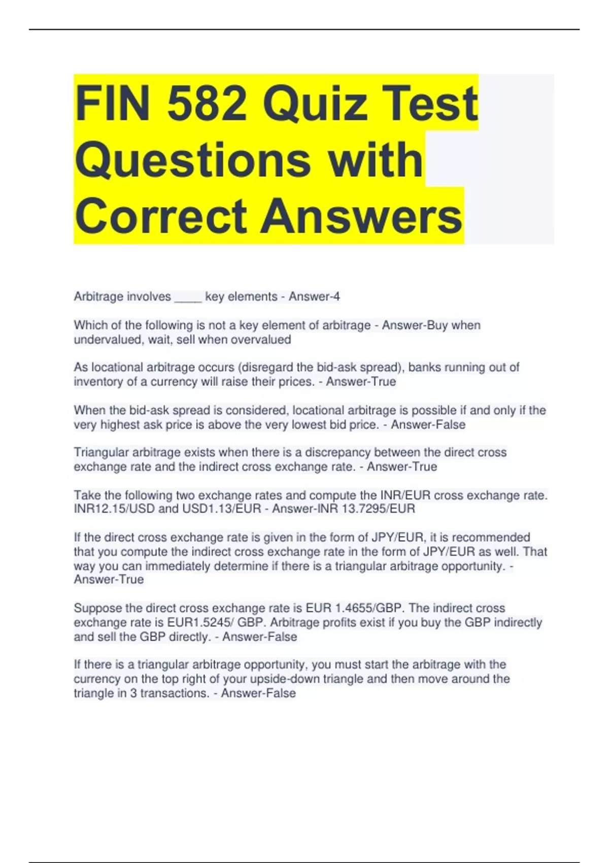 582 Sample Questions FIN 582 Quiz Test Questions with Correct Answers - FIN 582 - Stuvia US
