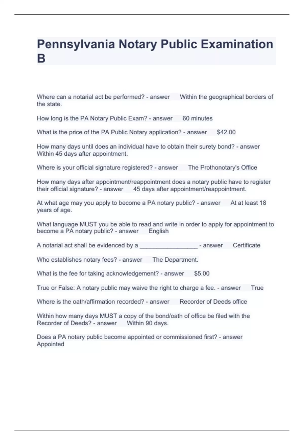Pennsylvania Notary Public Examination B Questions with solutions 2024