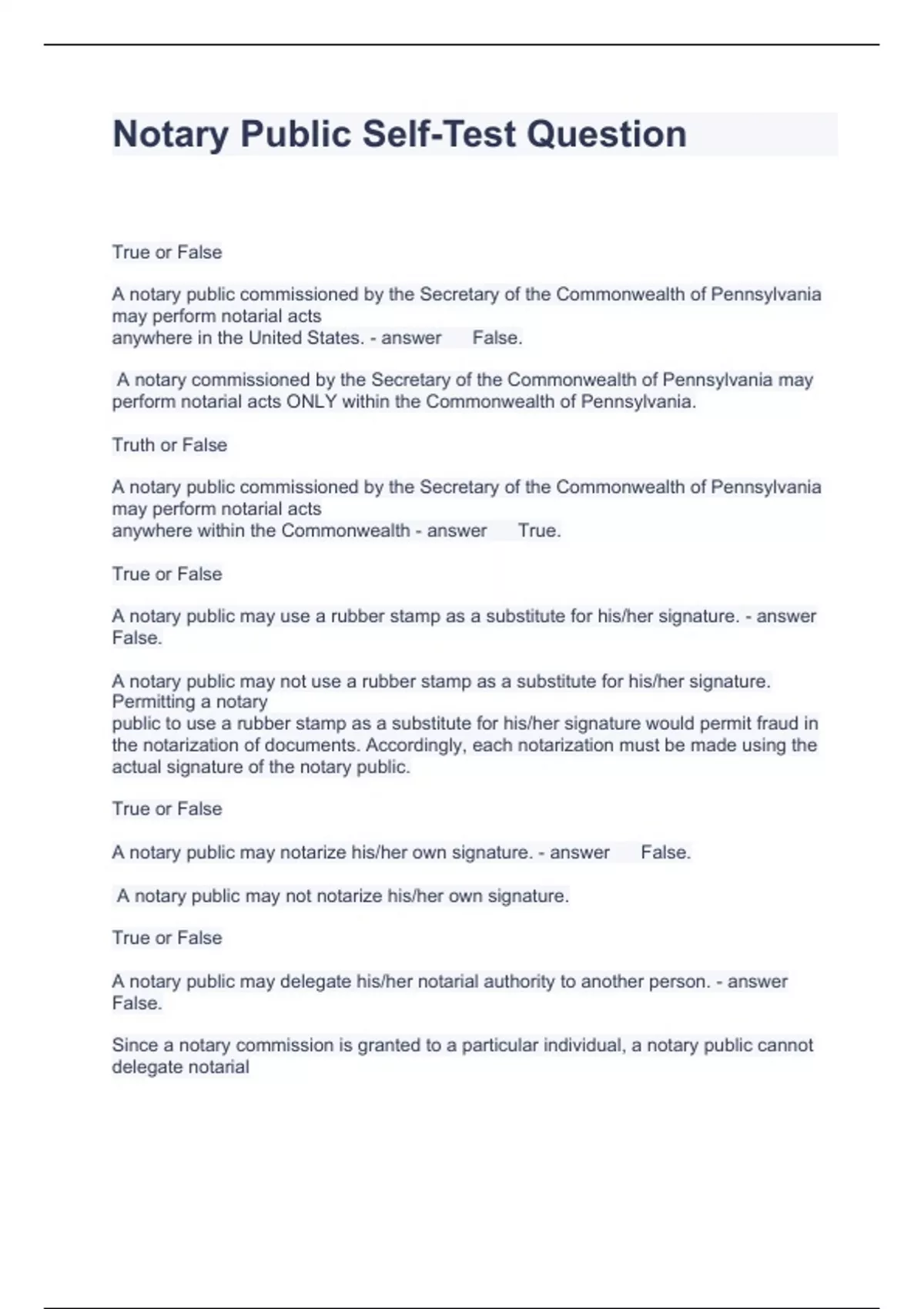 Notary Public SelfTest Questions with solutions 2024 PA NOTARY
