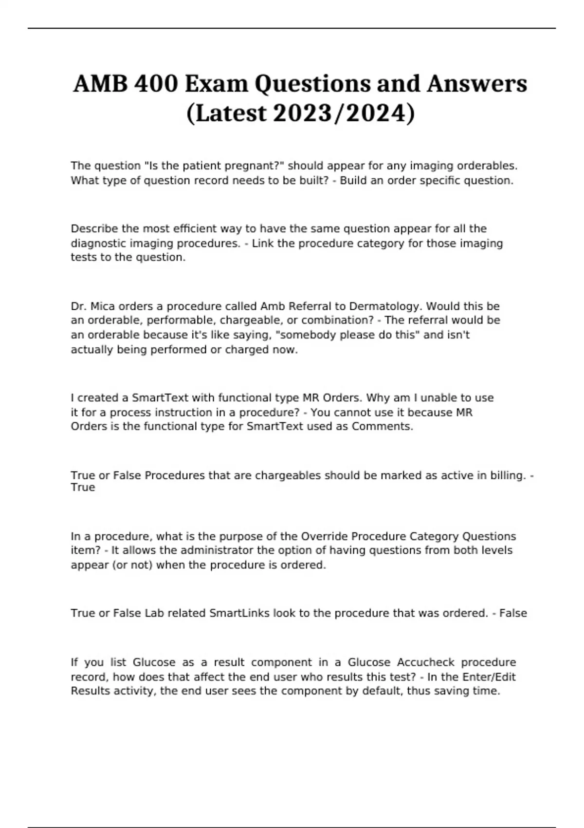 AMB 400 Exam Questions and Answers (Latest 2023/2024) AMB 400 Stuvia US