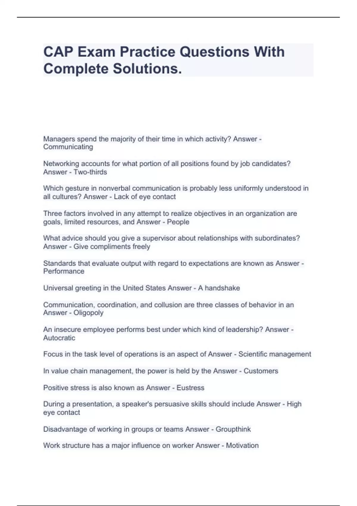 CAP Exam Practice Questions With Complete Solutions. CAP Stuvia US