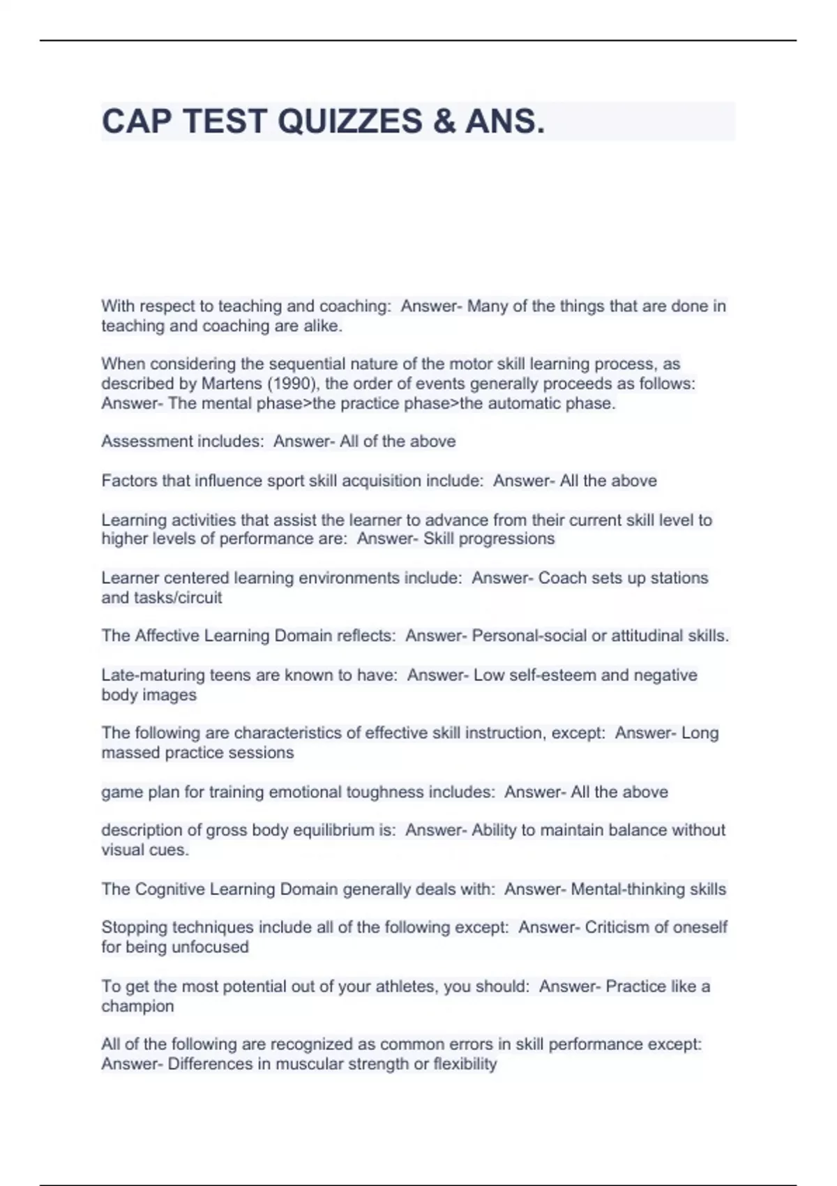 CAP TEST QUIZZES & ANS. - CAP - Stuvia US