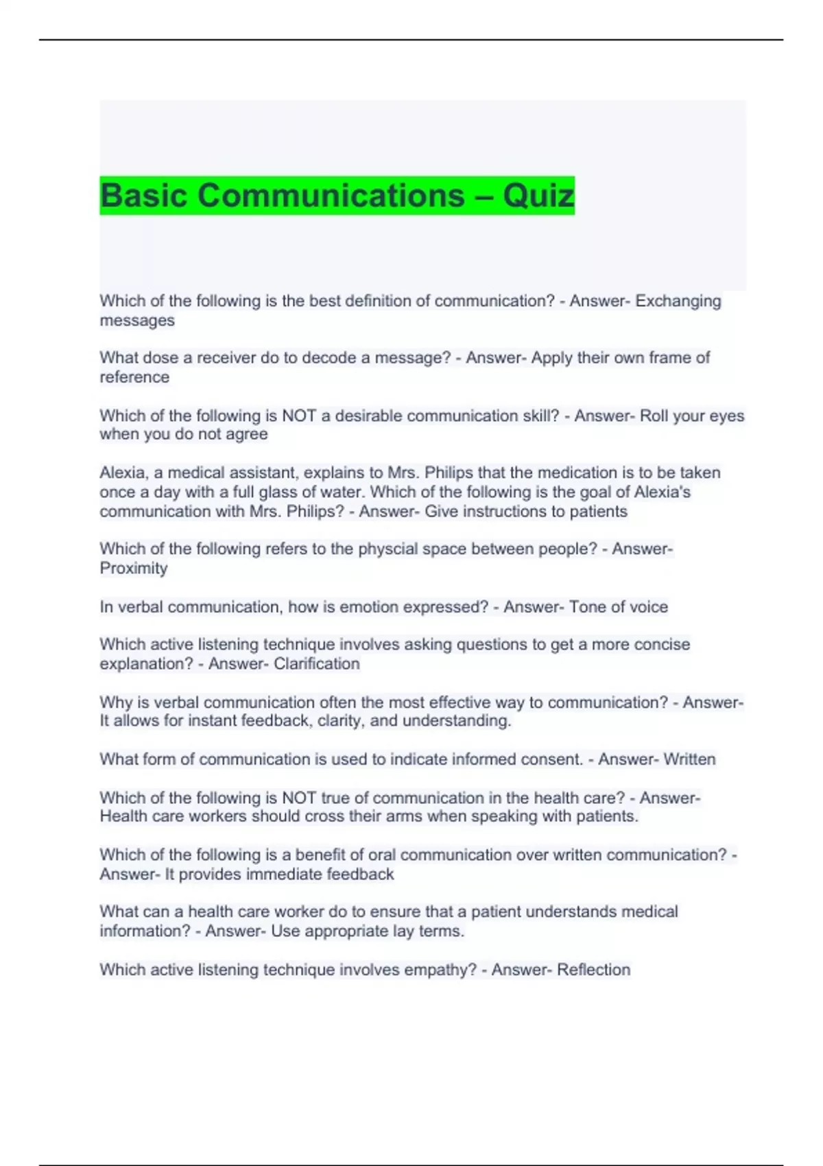 Basic Communications Quiz with complete solutions AES Communication
