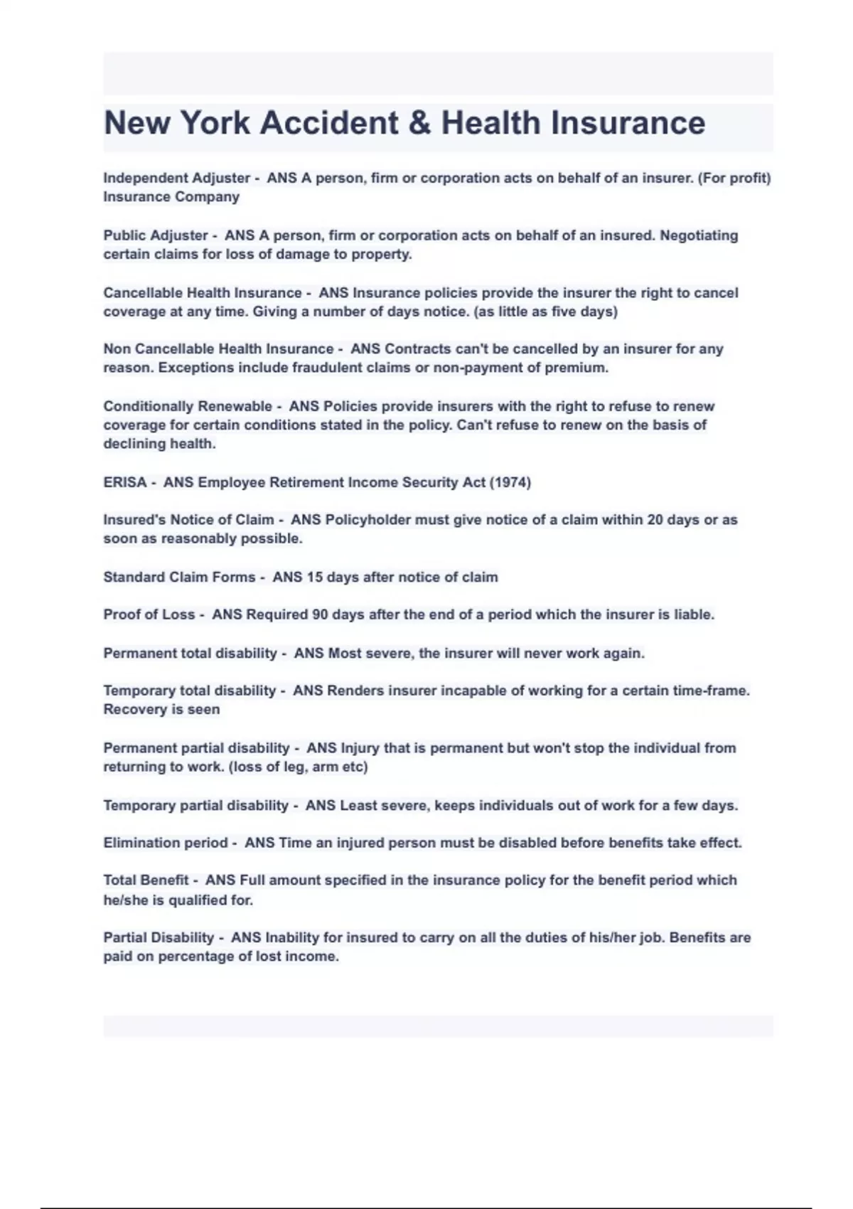 New York Accident & Health Insurance Exam Questions and Answers 2024