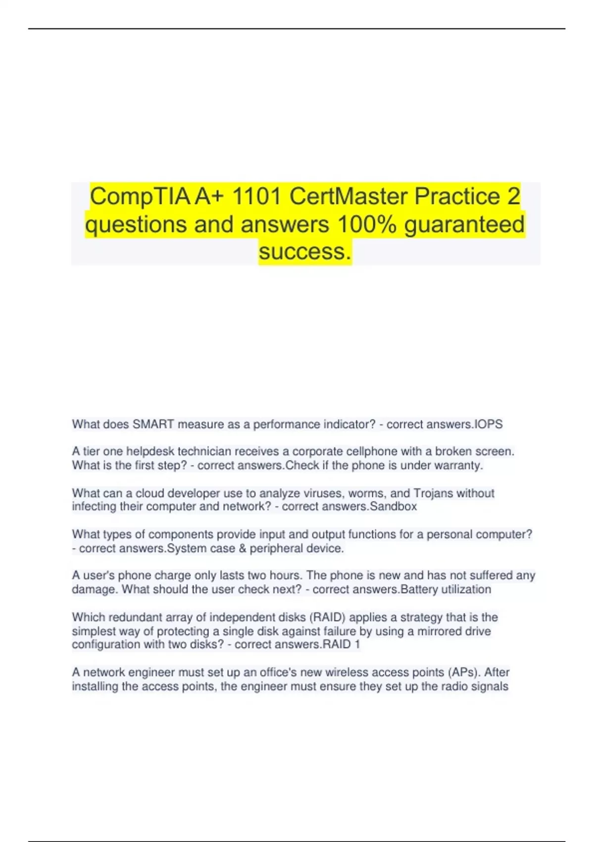 CompTIA A+ 1101 CertMaster Practice 2 questions and answers 100% ...