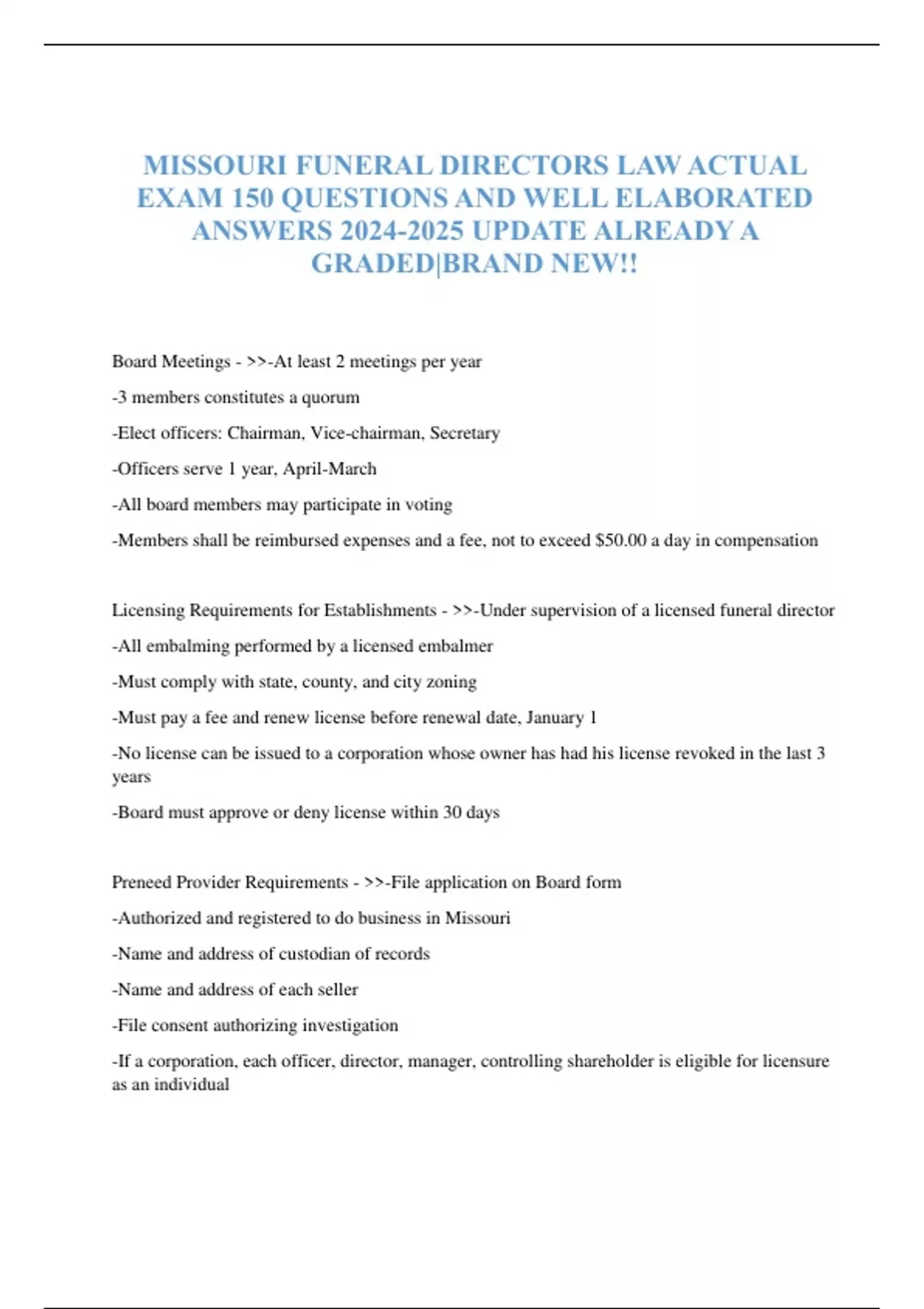MISSOURI FUNERAL DIRECTORS LAW ACTUAL EXAM 150 QUESTIONS AND WELL ELABORATED ANSWERS UPDATE