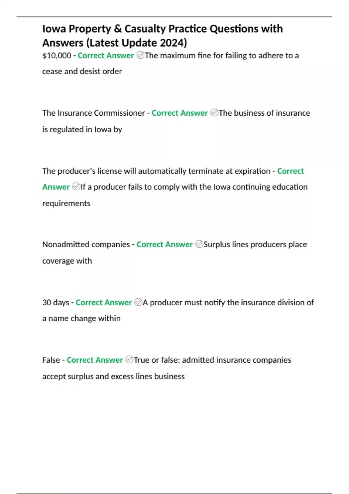 Iowa Property & Casualty Practice Questions with Answers (Latest Update